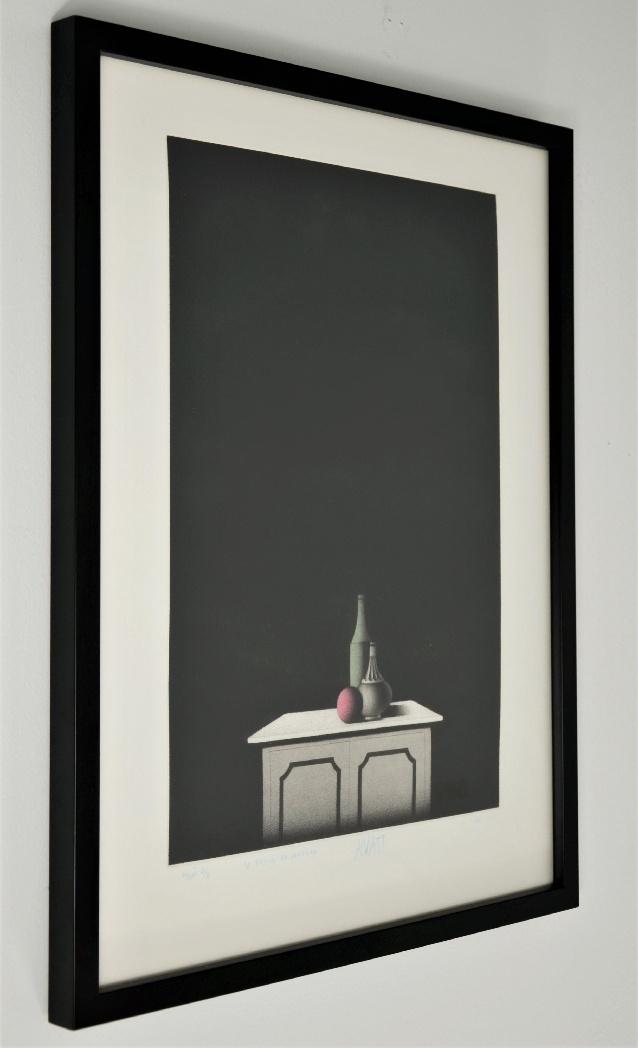 Offered is a newly framed in black Mid-Century Modern signed and numbered modern still life in black, pink, gray and white by Mario Avanti mezzotint, 