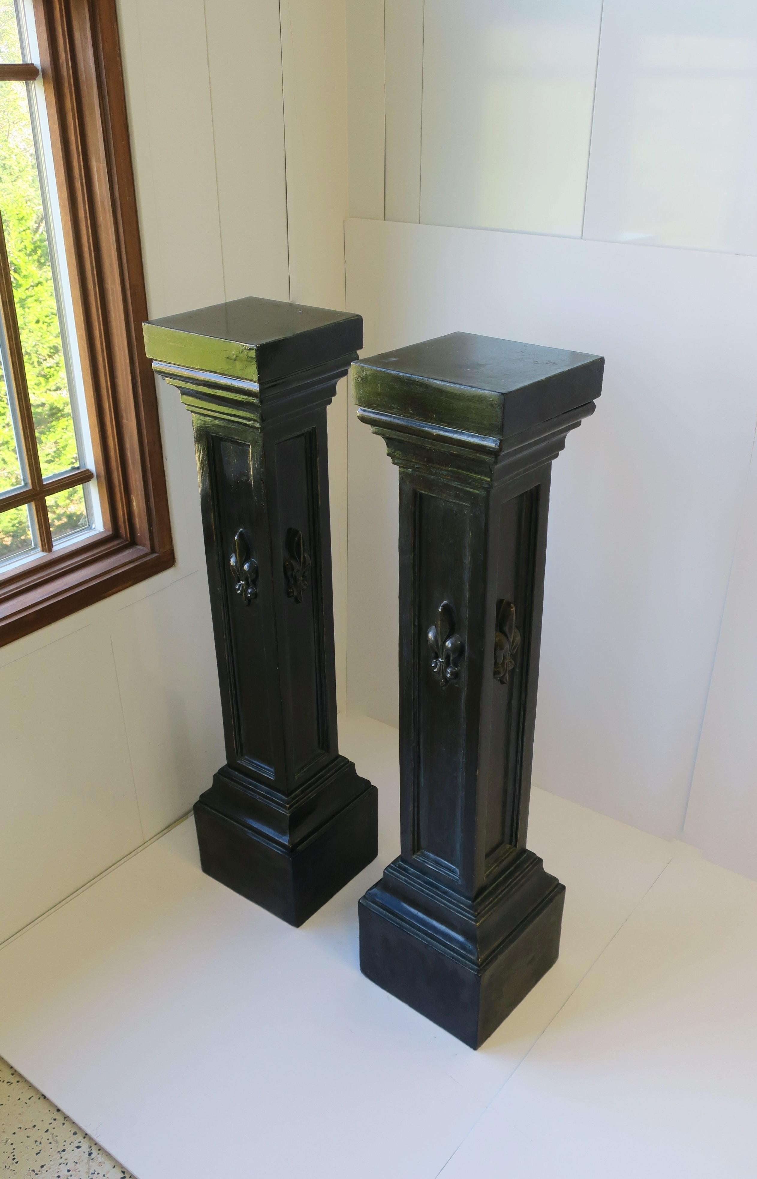 Black Column Pillar Pedestal Plaster Stands with French Fluer de Lis, Pair For Sale 1