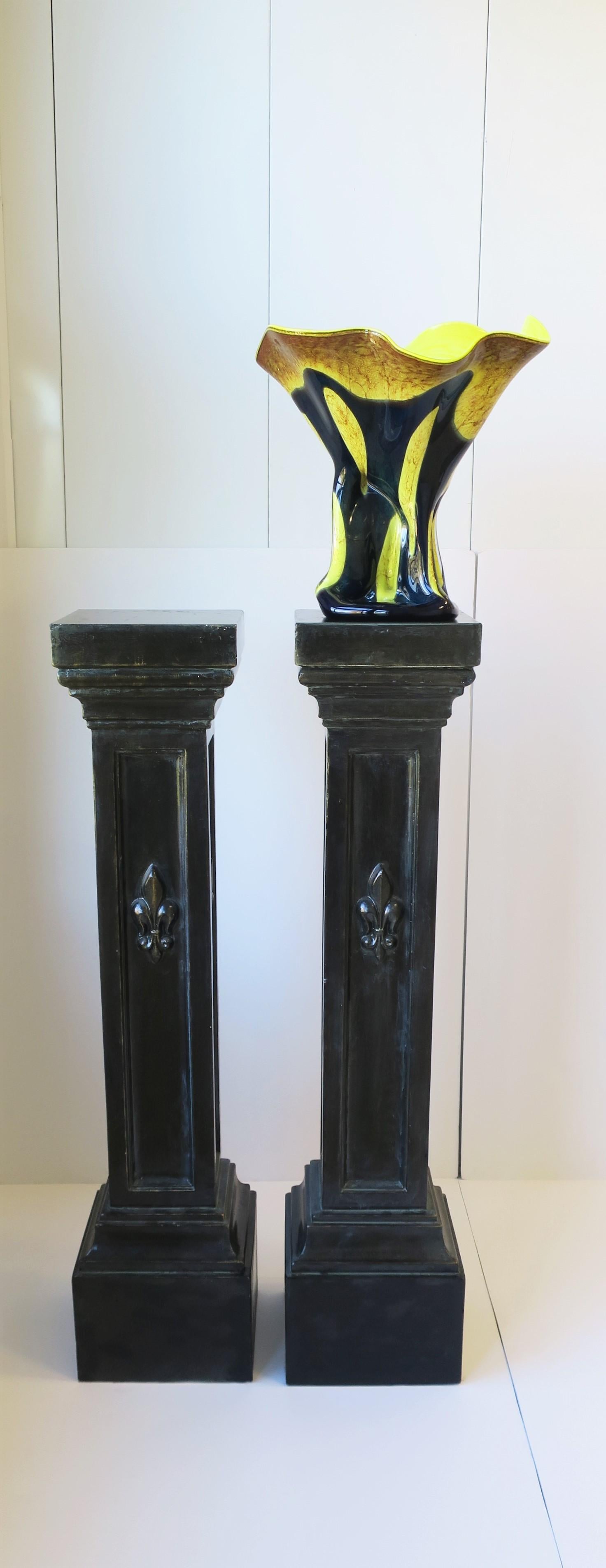 Black Column Pillar Pedestal Plaster Stands with French Fluer de Lis, Pair For Sale 2