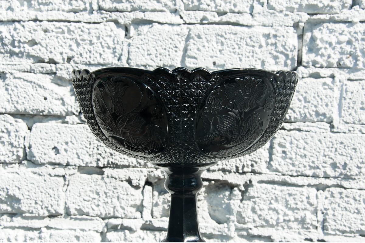 Polish Black Platter, Bowl, Ząbkowice Glasswork, Poland, 1960s For Sale