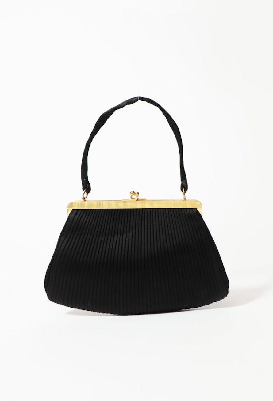 Women's Black Pleated Satin Evening Handbag For Sale
