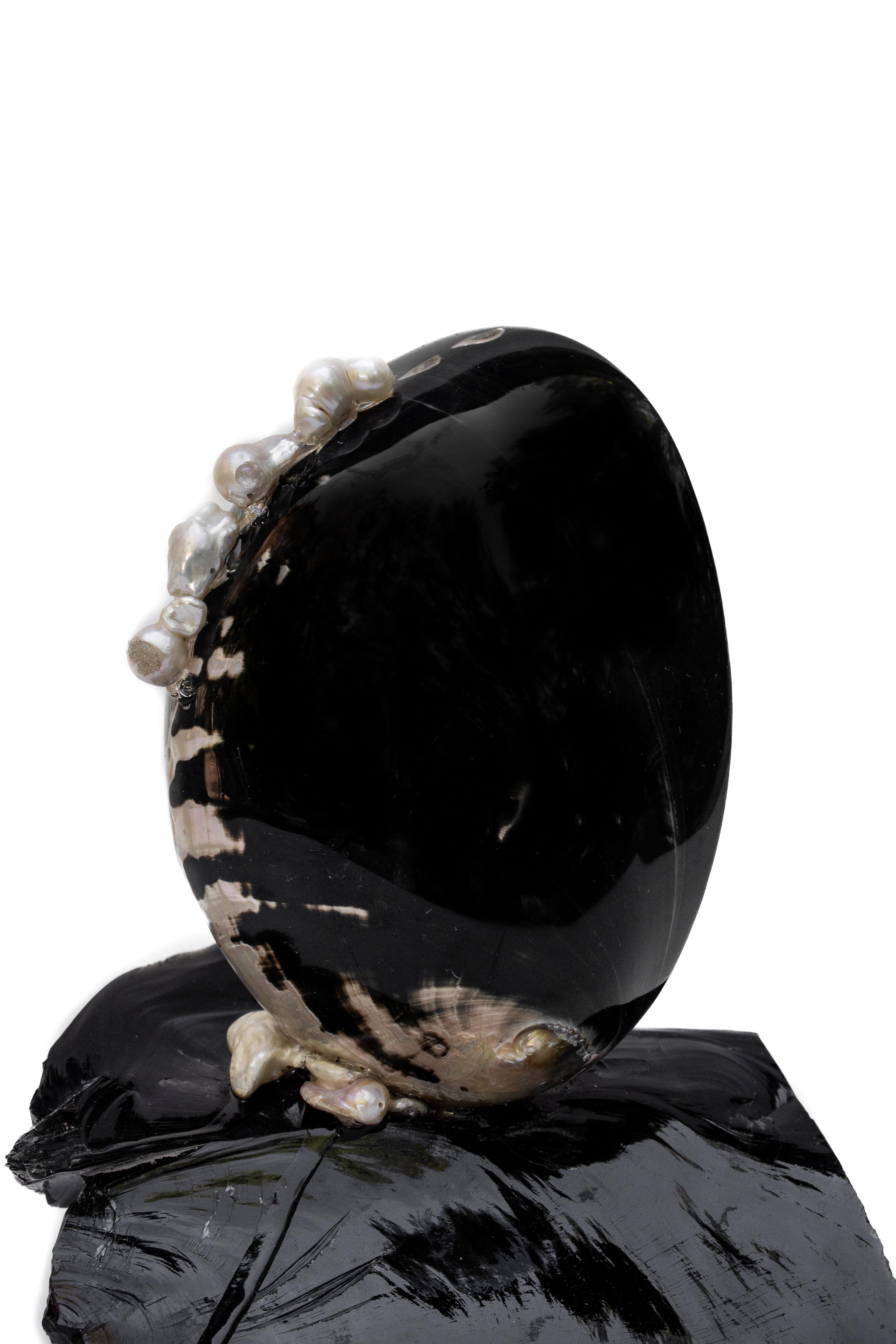 Organic Modern Black Polished Abalone Shell on Obsidian with Baroque Pearls For Sale