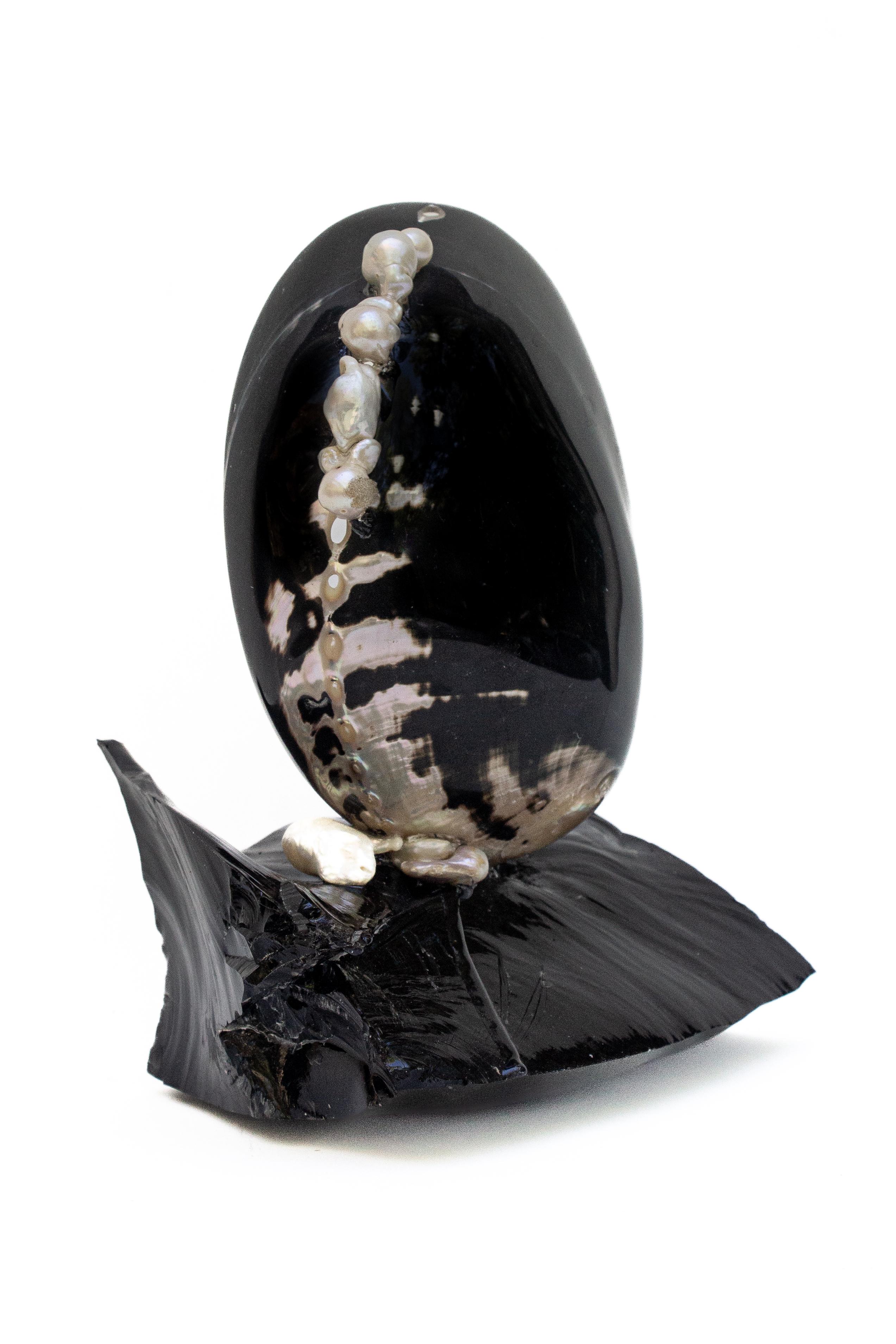 American Black Polished Abalone Shell on Obsidian with Baroque Pearls For Sale