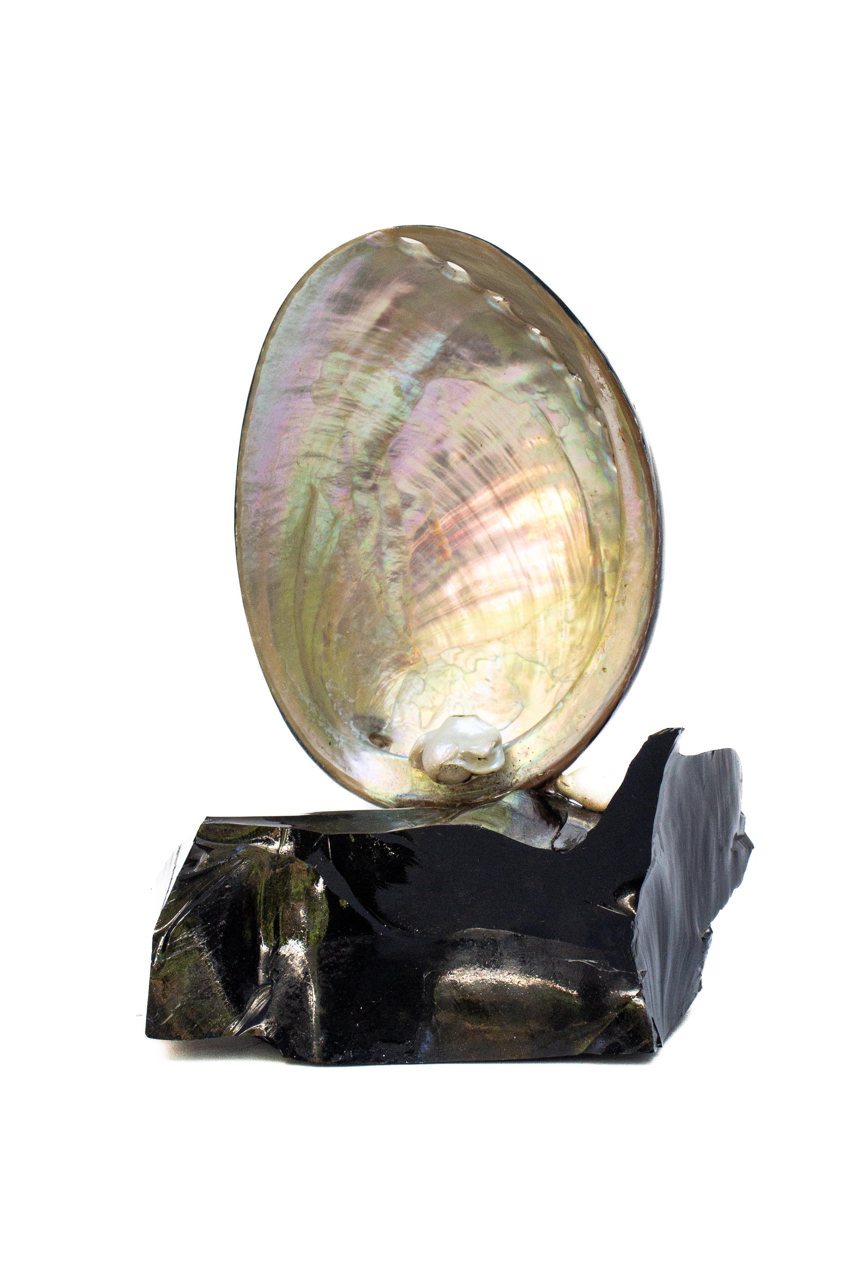 Contemporary Black Polished Abalone Shell on Obsidian with Baroque Pearls For Sale
