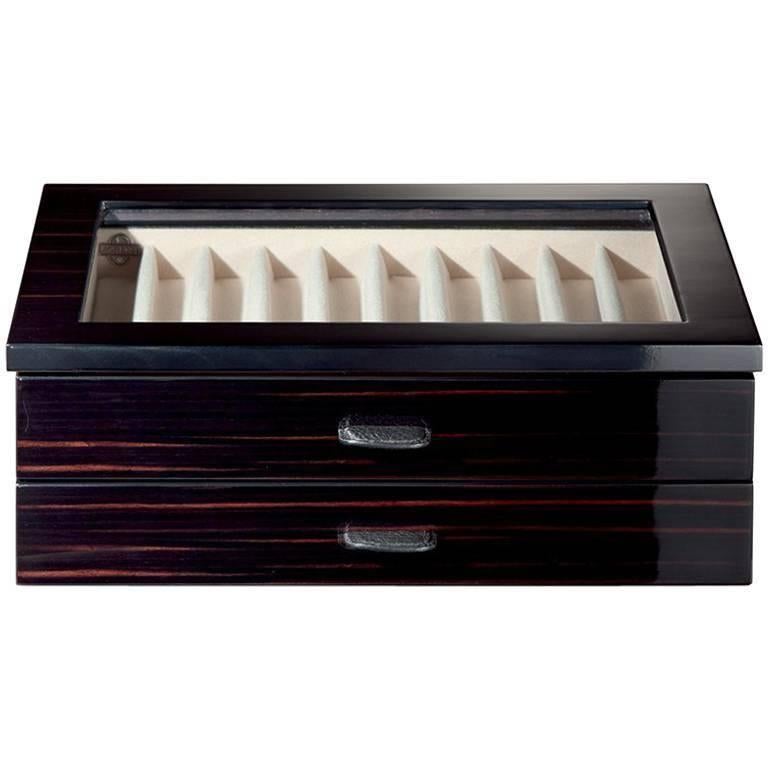 Agresti - Boîte noire polie pour 20 stylos en daim et cuir avec détails en cuir en vente