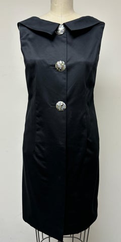 Black Polished Cotton Coat Dress with Mosaic Pearl Buttons