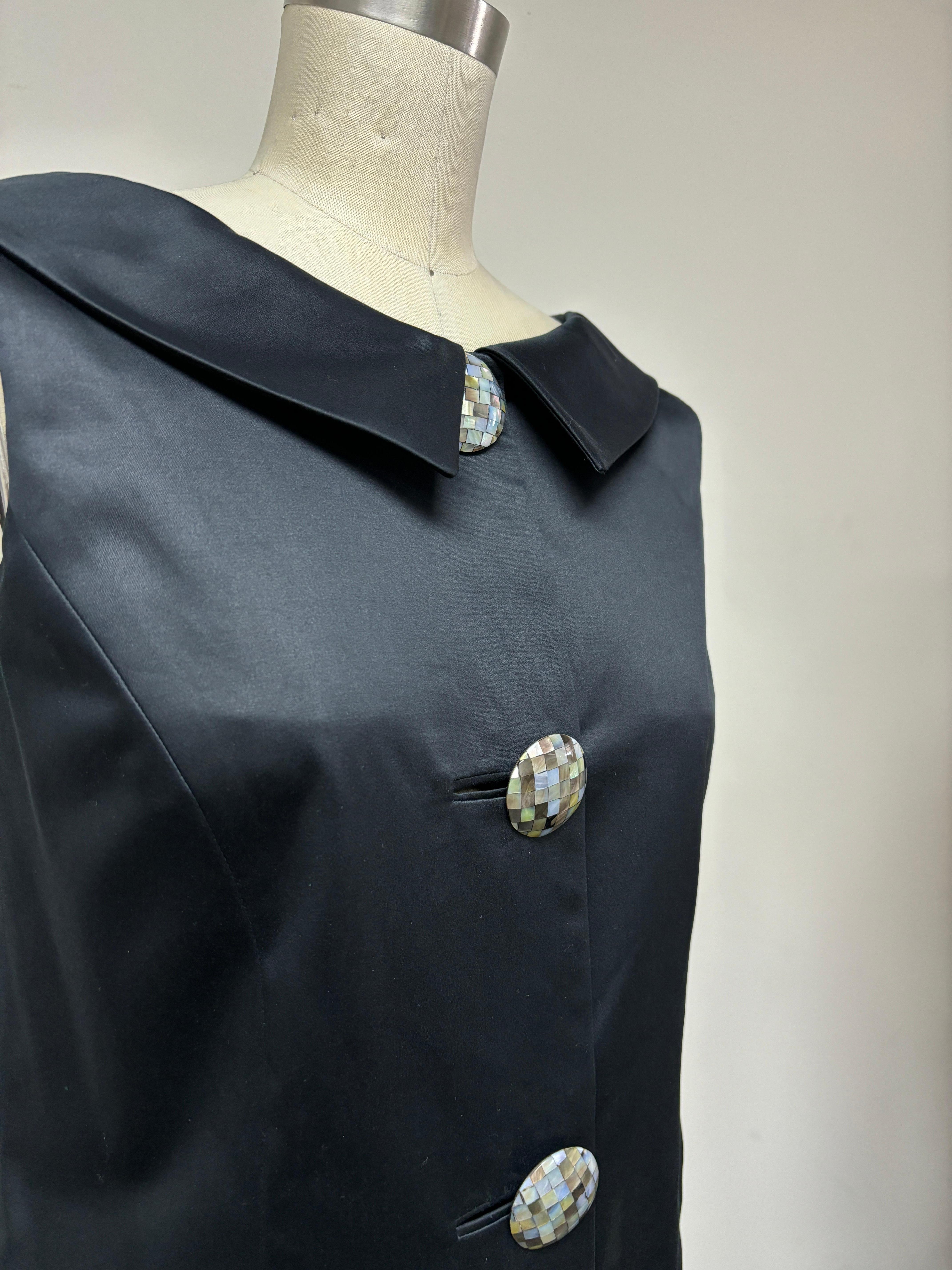 Women's Black Polished Cotton Coat Dress with Mosaic Pearl Buttons For Sale