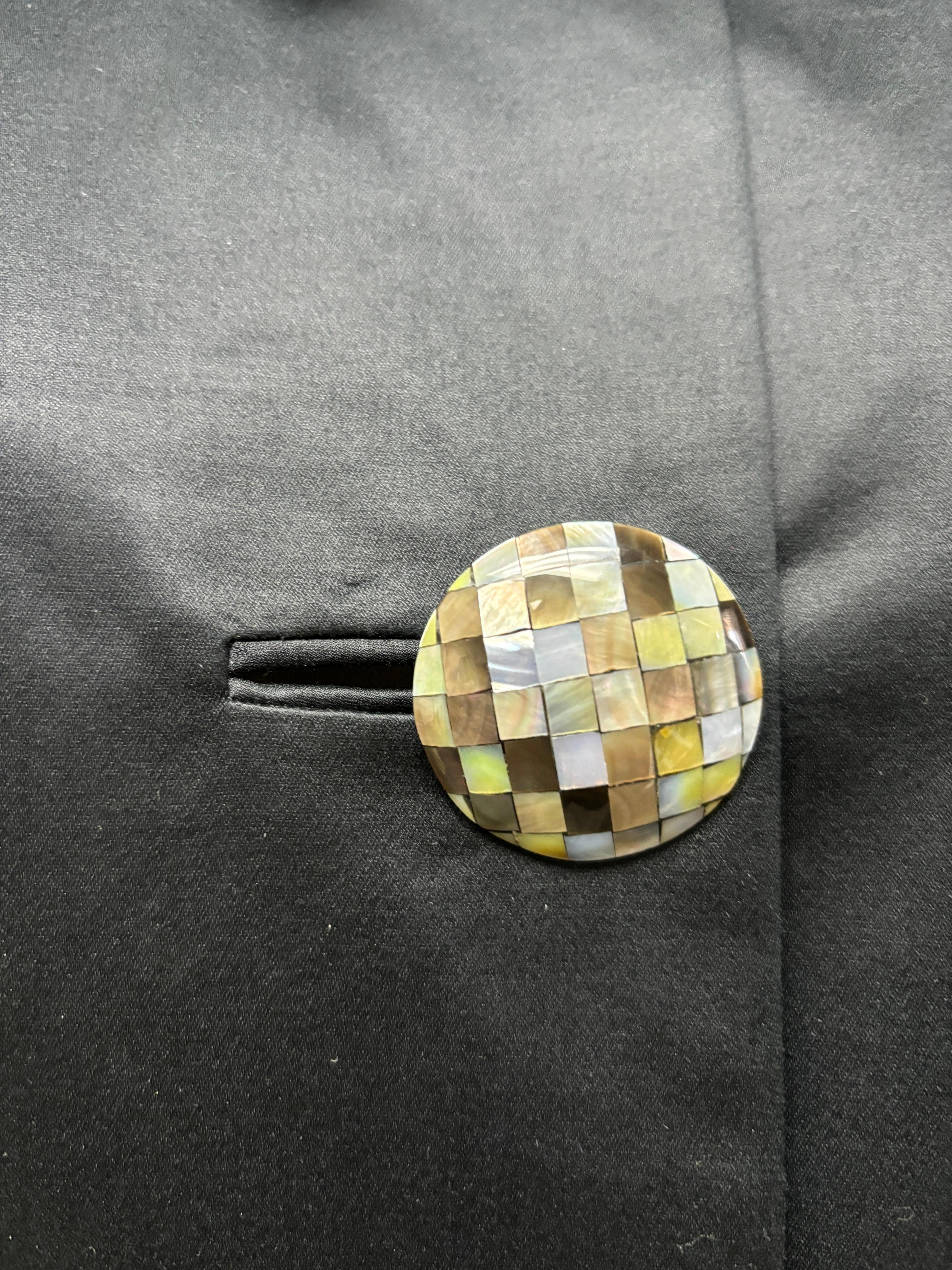 Black Polished Cotton Coat Dress with Mosaic Pearl Buttons For Sale 1