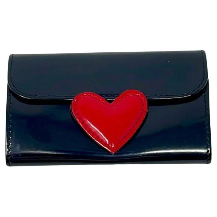 Black Polished Leather Red Heart KeyChain Vintage For Sale