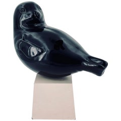 Black Polished Stone Seal Sculpture on Wood Base Signed