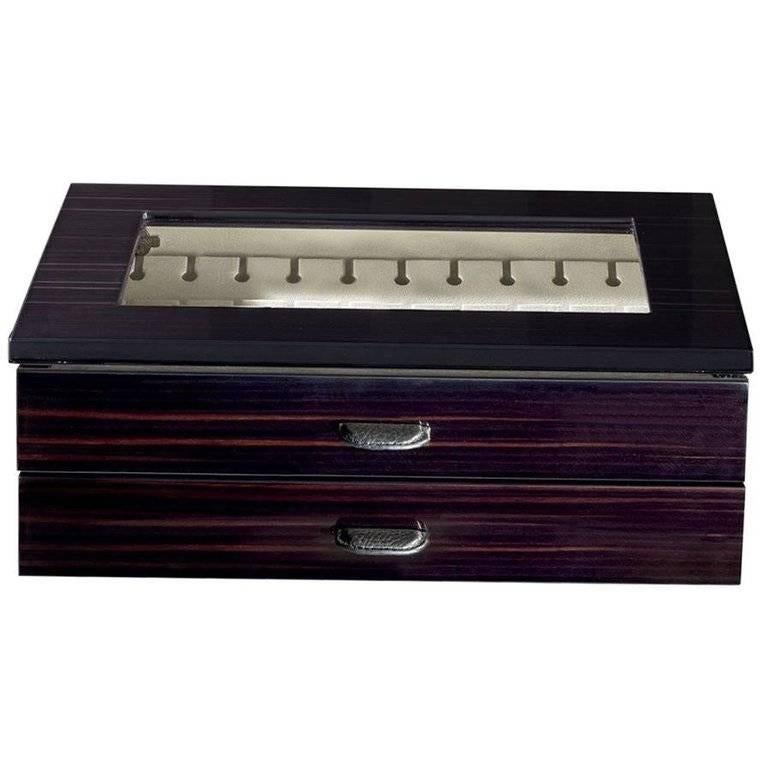 Agresti Black Ebony Polished Wood Box for 24 Cufflinks with Leather Detail For Sale