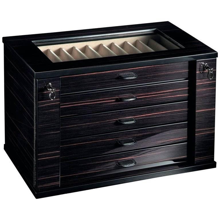 Agresti Black Polished Wood Chest for 55 Pens with Suede and Leather Detail For Sale