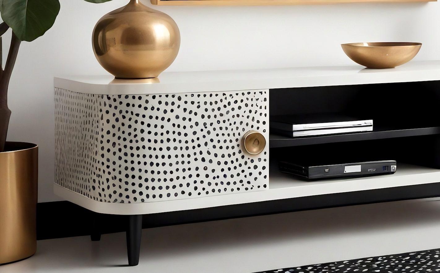 Mid-Century moderno Console multimediale bianca con intarsio a pois in vendita