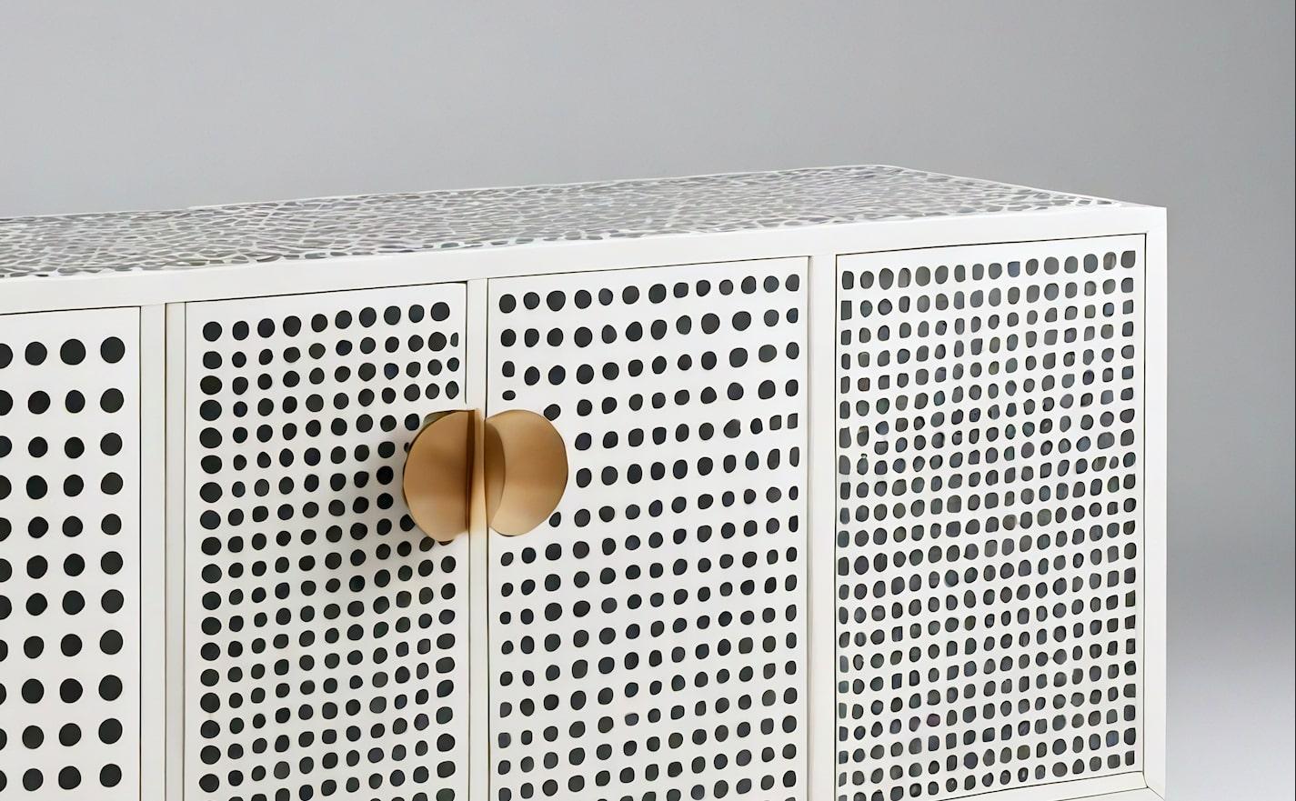 Polka Dot Inlay White Media Console In New Condition For Sale In New York, NY