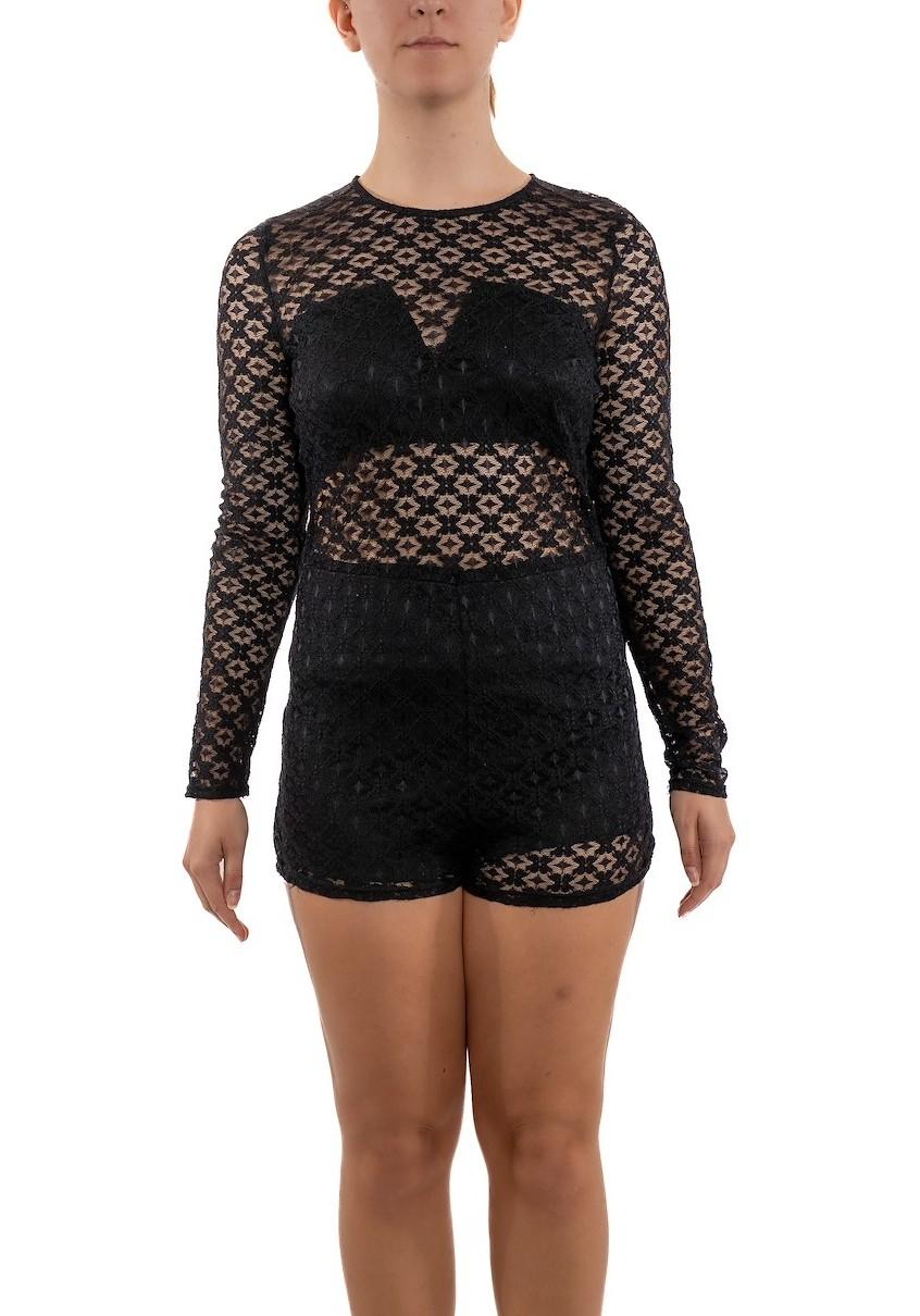 Noir Robe à manches longues en dentelle Poly/Rayon Spandex noir en vente