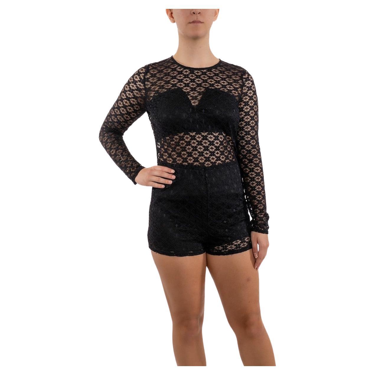 Robe à manches longues en dentelle Poly/Rayon Spandex noir en vente