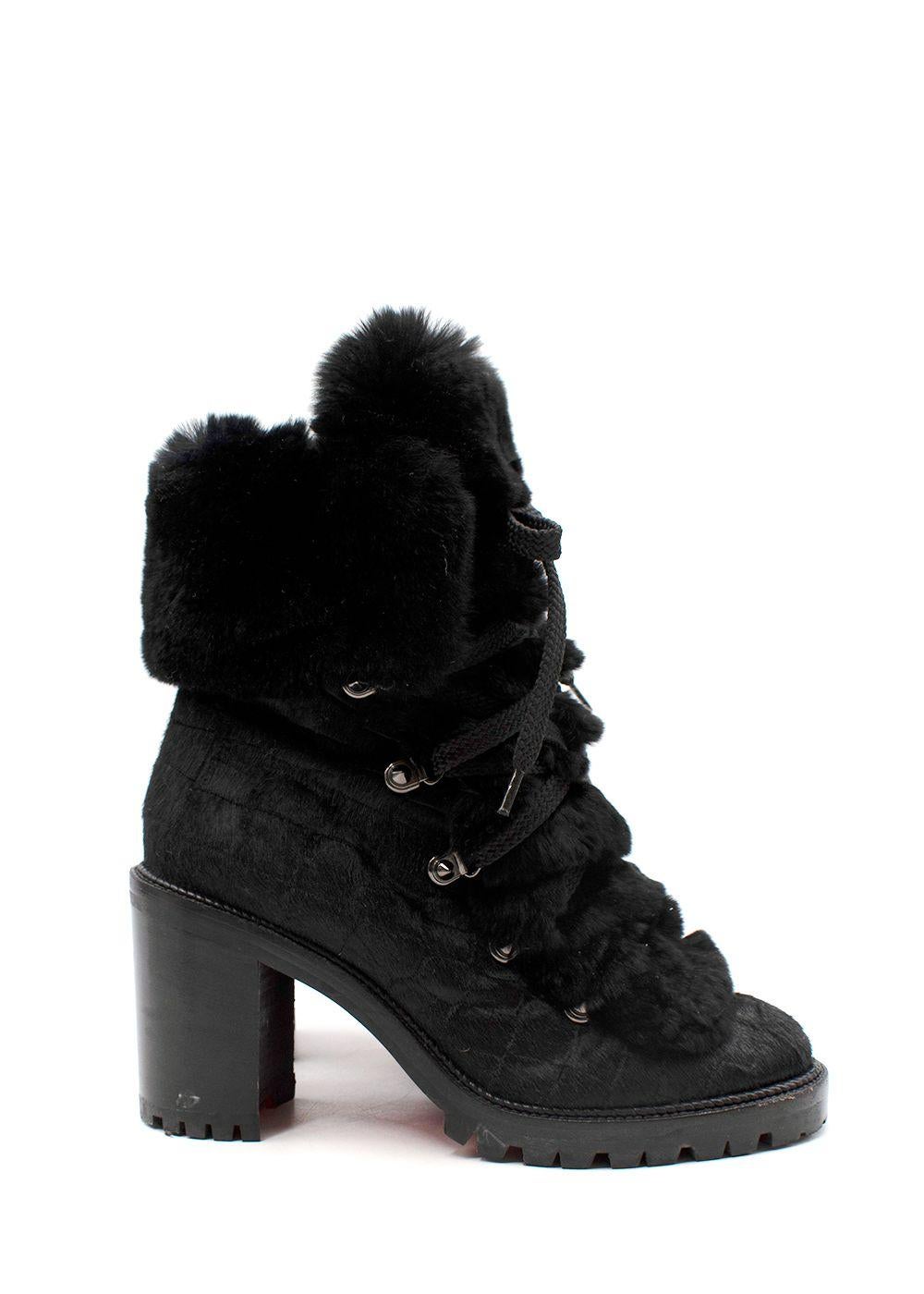 Christian Louboutin Black Pony Skin & Rabbit Fur Fanny Heeled Biker Boots

- Biker-style boots rendered in textured pony skin, with a soft rabbit fur ankle cuff
- Lace-up front
- Set on a sturdy rubber sole and block heel with cleated tread

Pony