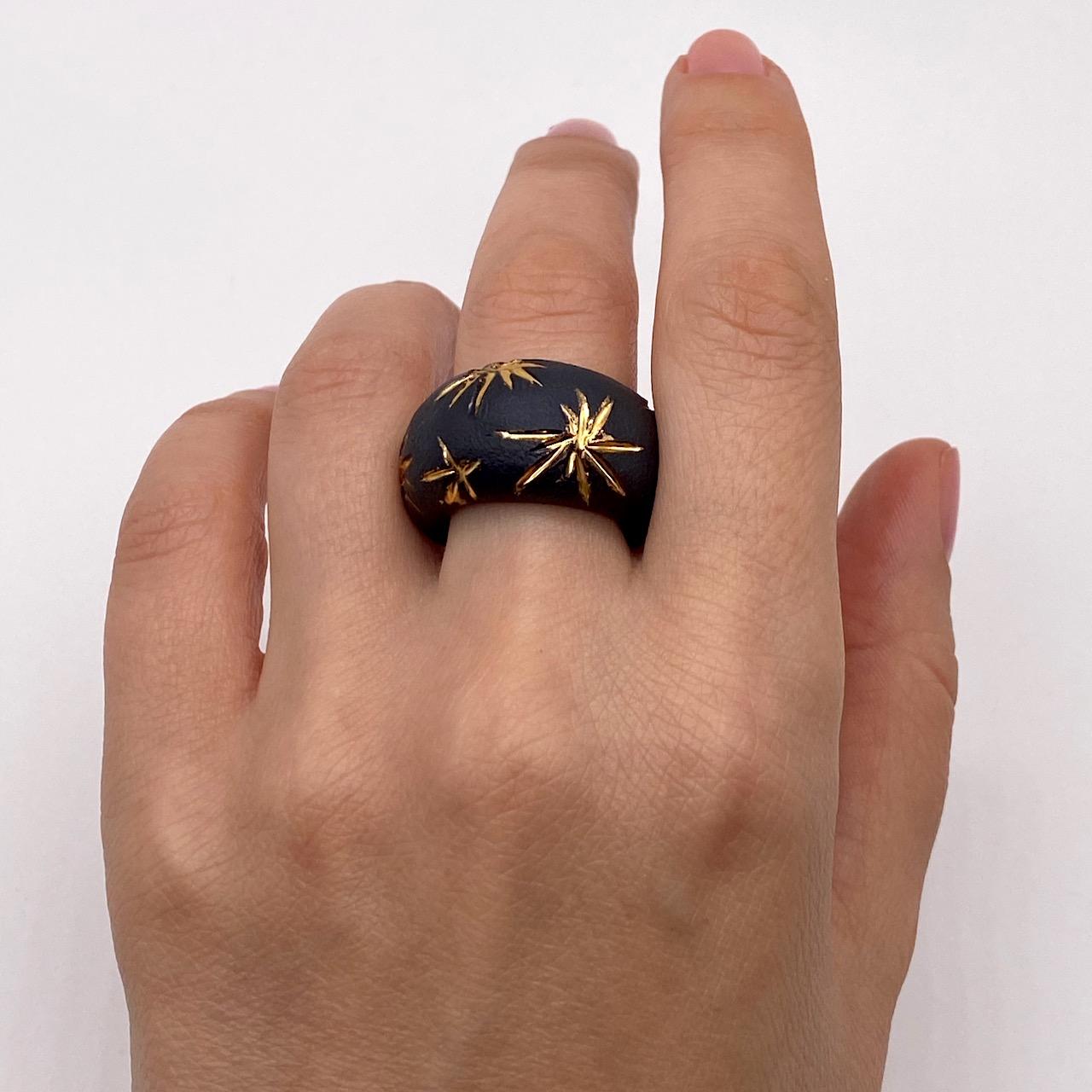Women's Black Porcelain Ring with Golden Stars