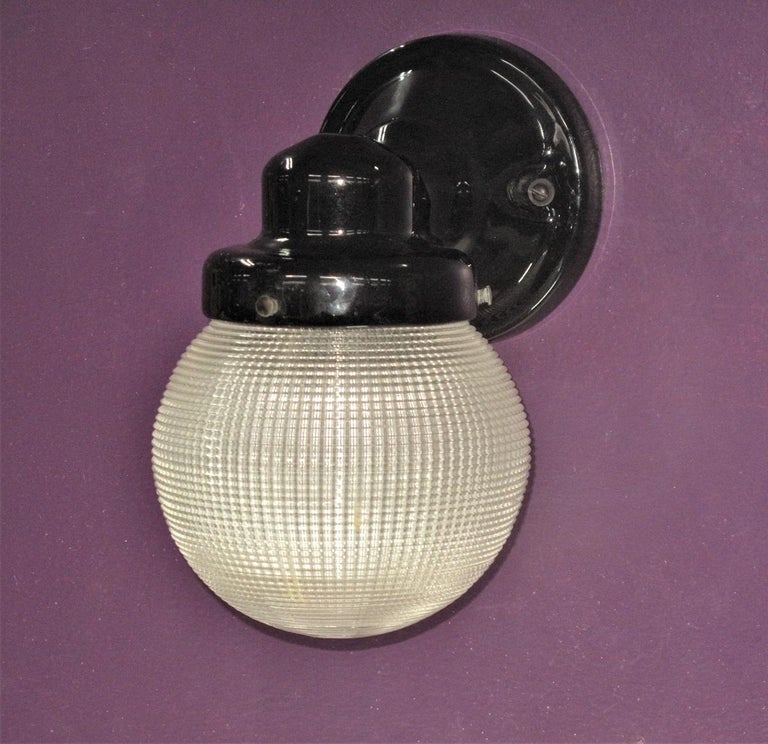 American Black Porcelain Sconce with Holophane Globe, 1920s