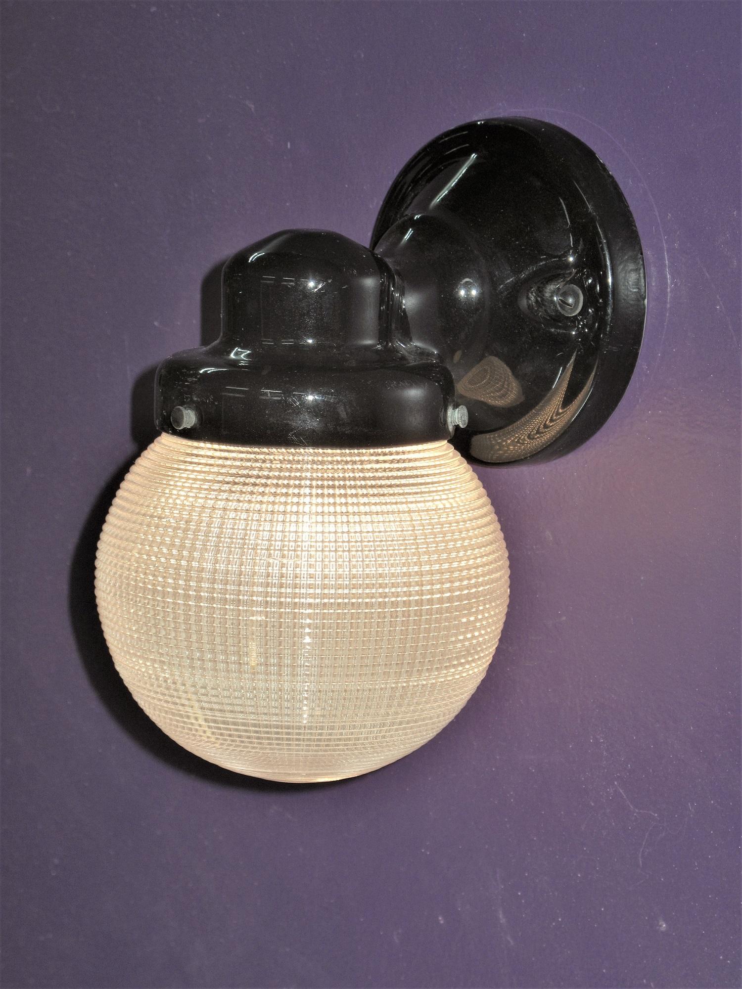 Glazed Black Porcelain Sconce with Holophane Globe, 1920s