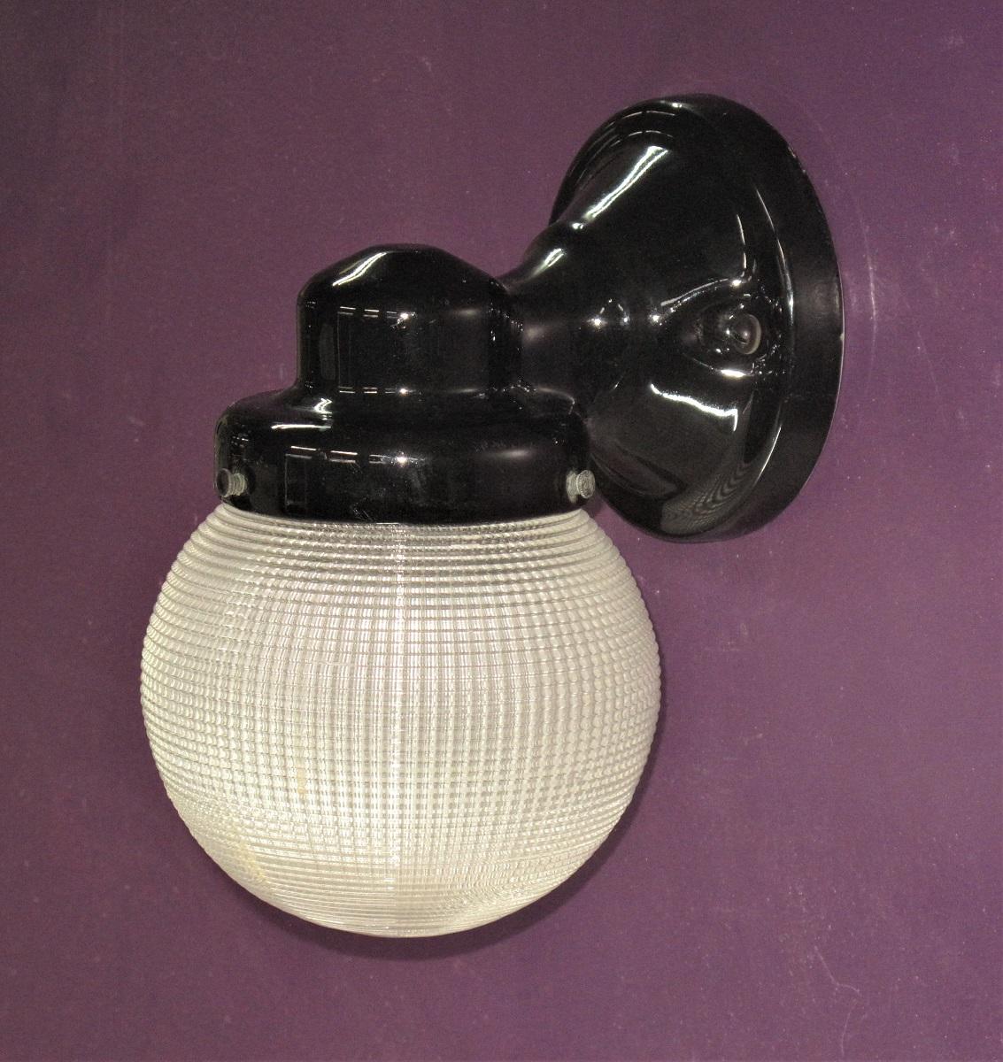 Black Porcelain Sconce with Holophane Globe, 1920s In Good Condition In Prescott, US