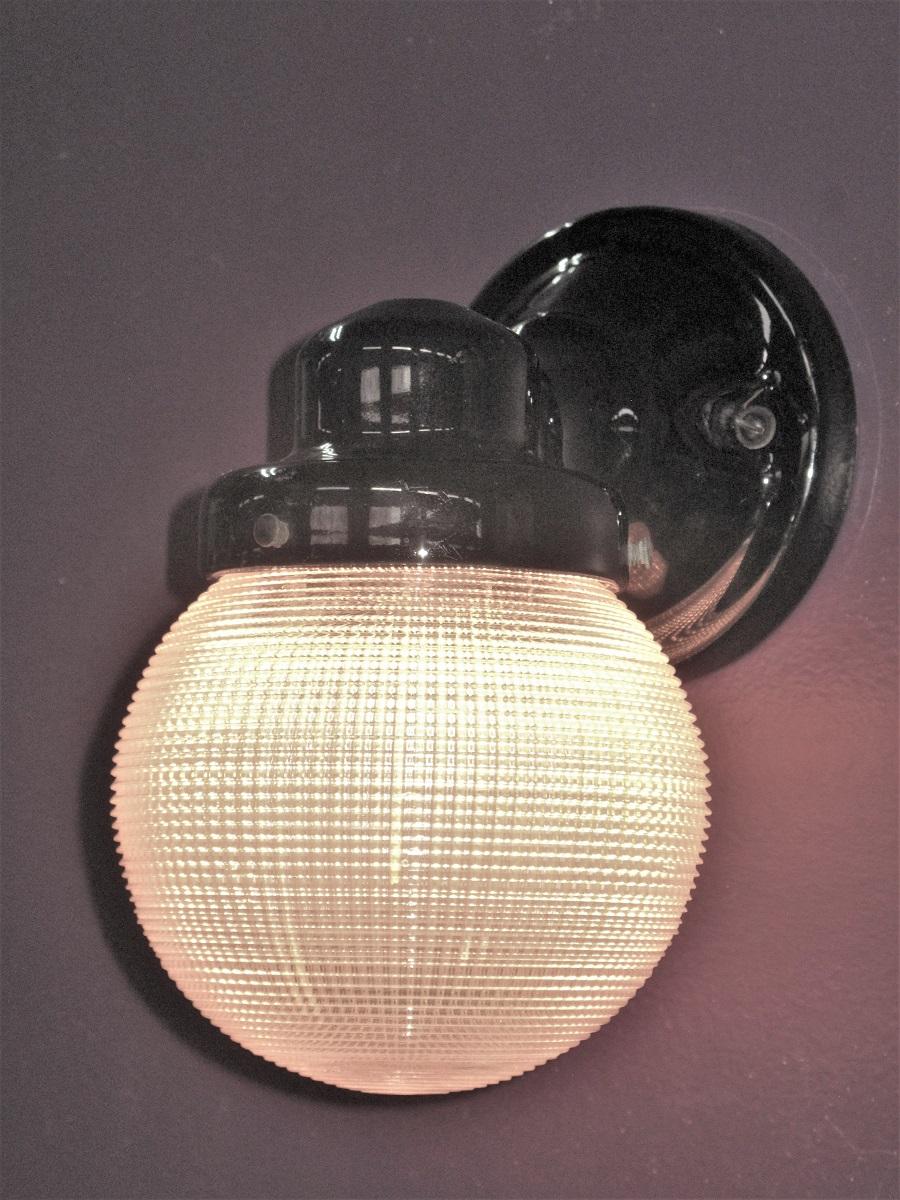 Black Porcelain Sconce with Holophane Globe, 1920s 1