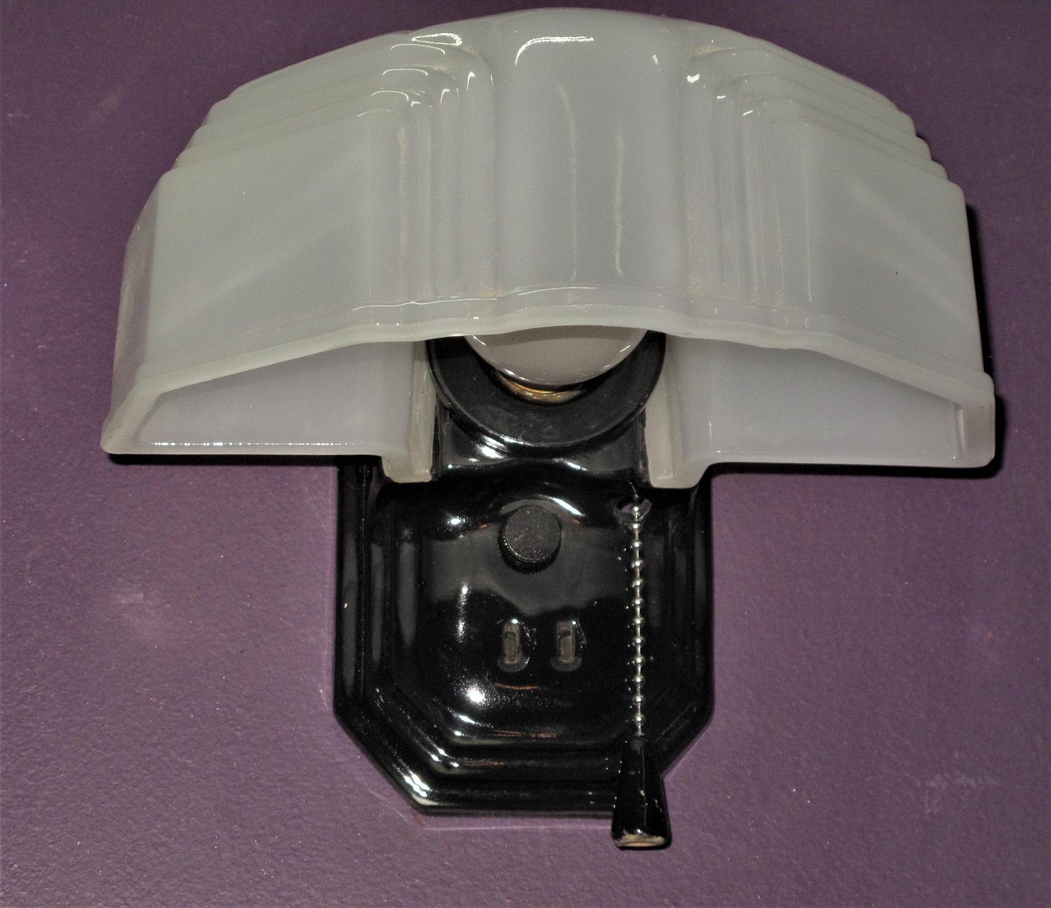 American Black Porcelain Sconce with Oversized Camphor Glass, 1930s For Sale
