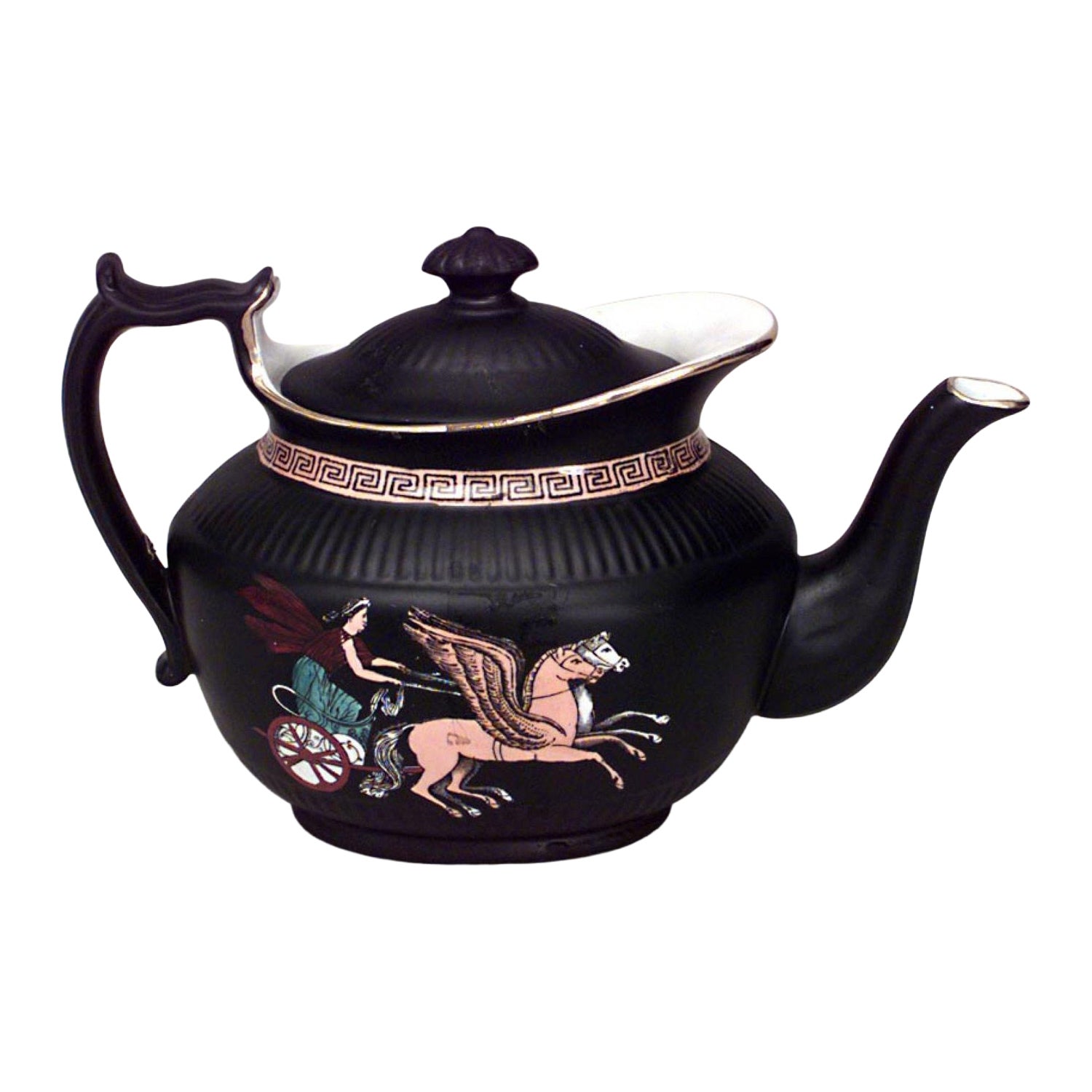 Black Porcelain Teapot with Grecian Design For Sale