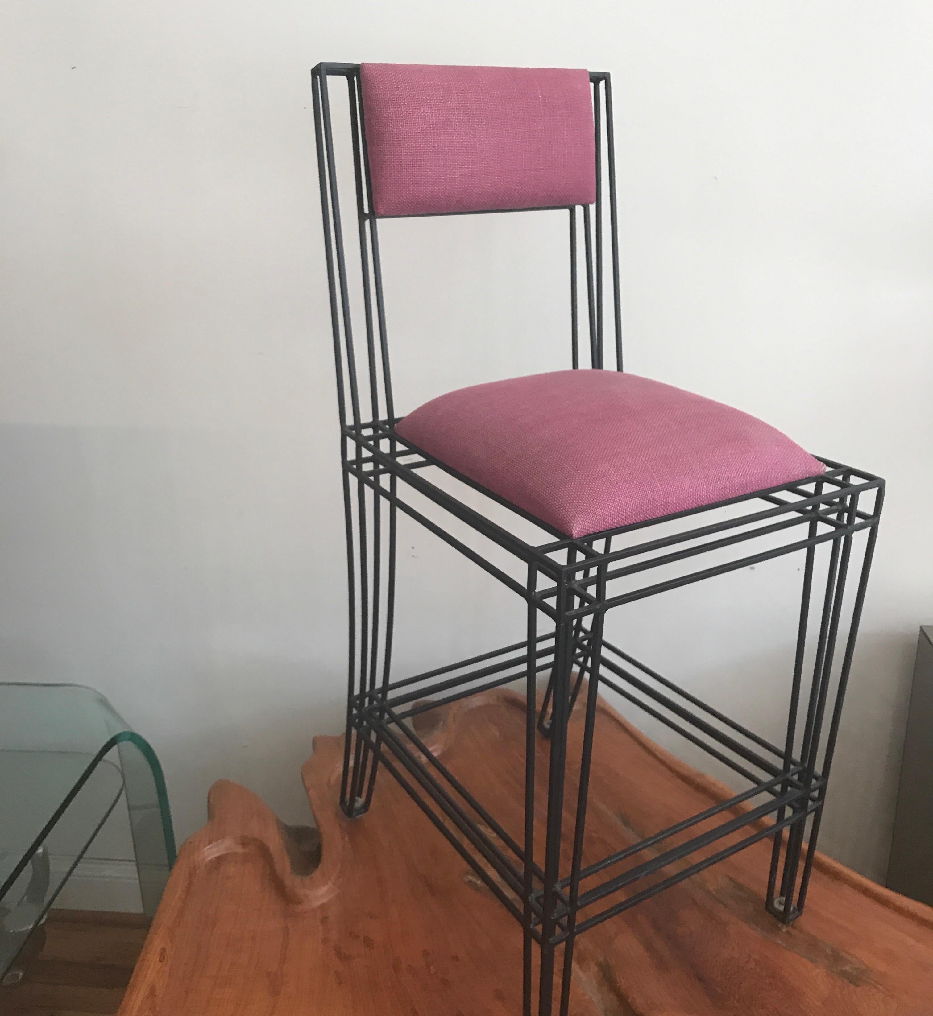 Black power coated wrought iron bar or counter stools designed by Casamidy utilizing traditional 
artisan methods. Perfect for indoor or outdoor use. Set of four available. Priced individually at $1300 each.
Brand new unused condition.