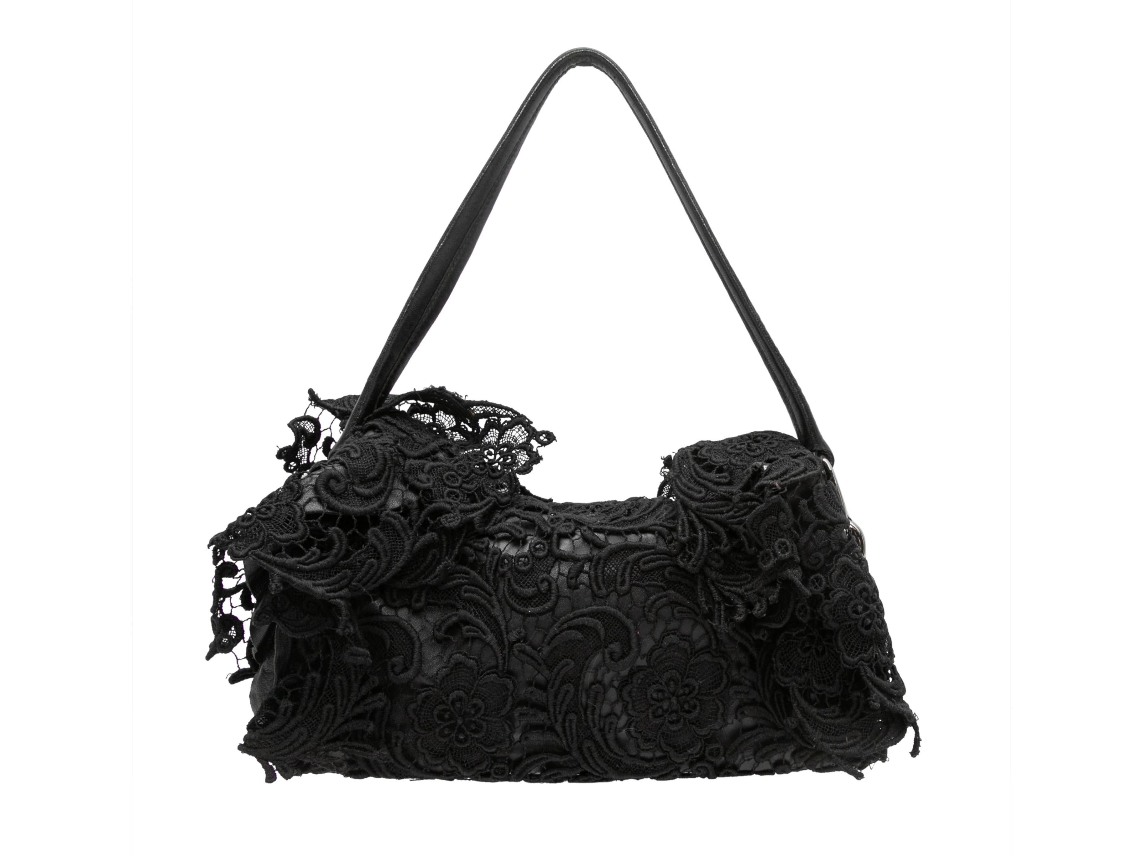 Black Prada Guipure Lace Ruffle Shoulder Bag. This shoulder bag features a guipure lace and leather body, silver-tone hardware, and a single shoulder strap. 12