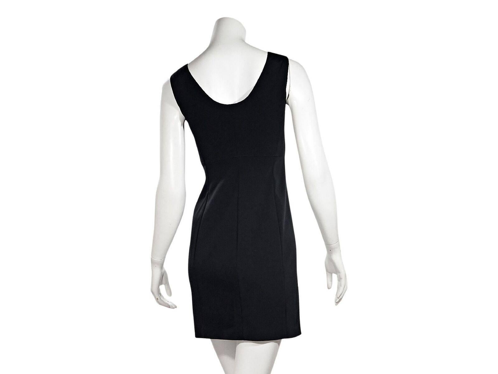 Product details:  Black mini sheath dress by Prada.  Scoopneck.  Sleeveless.  Scoopback.  Concealed closure.  34