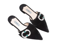 Black Prada Pointed-Toe Velvet Embellished Buckle Mules