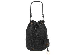 Black Prada Raffia & Leather Bucket Bag