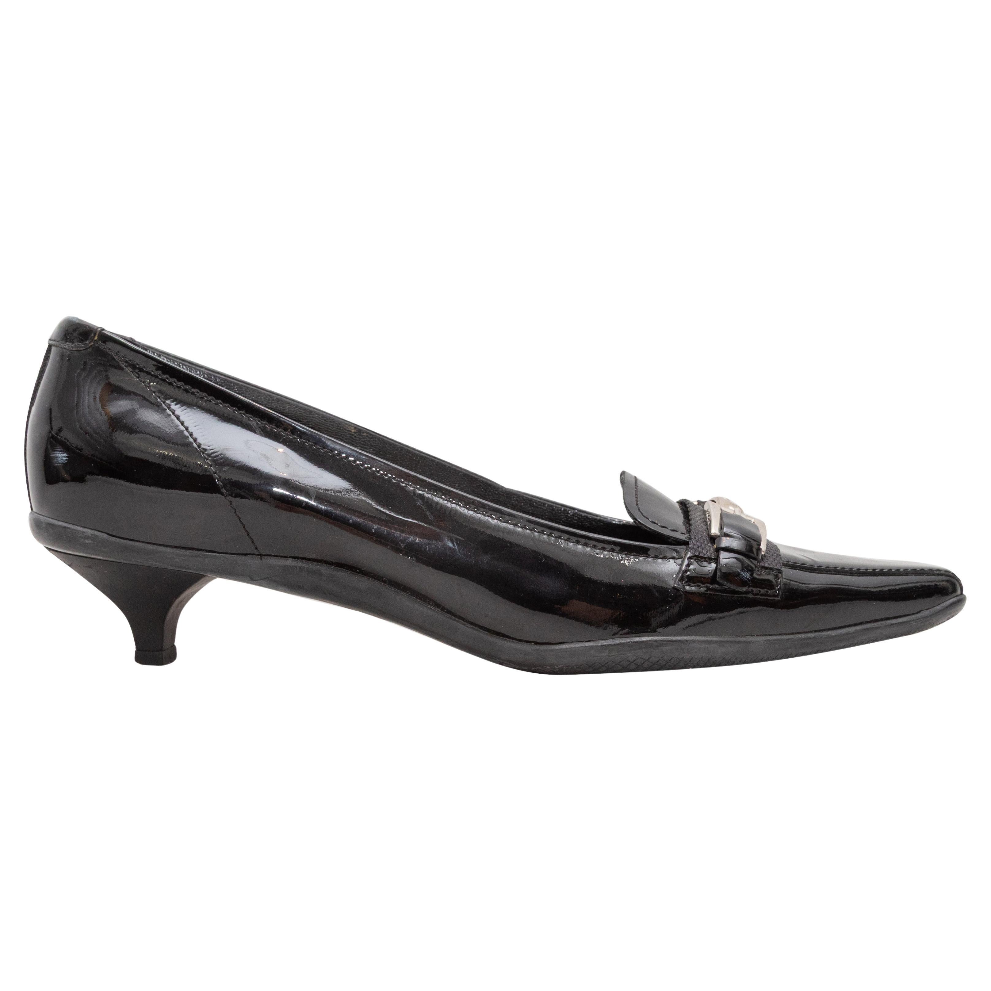 Black Prada Sport Patent Square-Toe Kitten Heels Size 37.5 For Sale