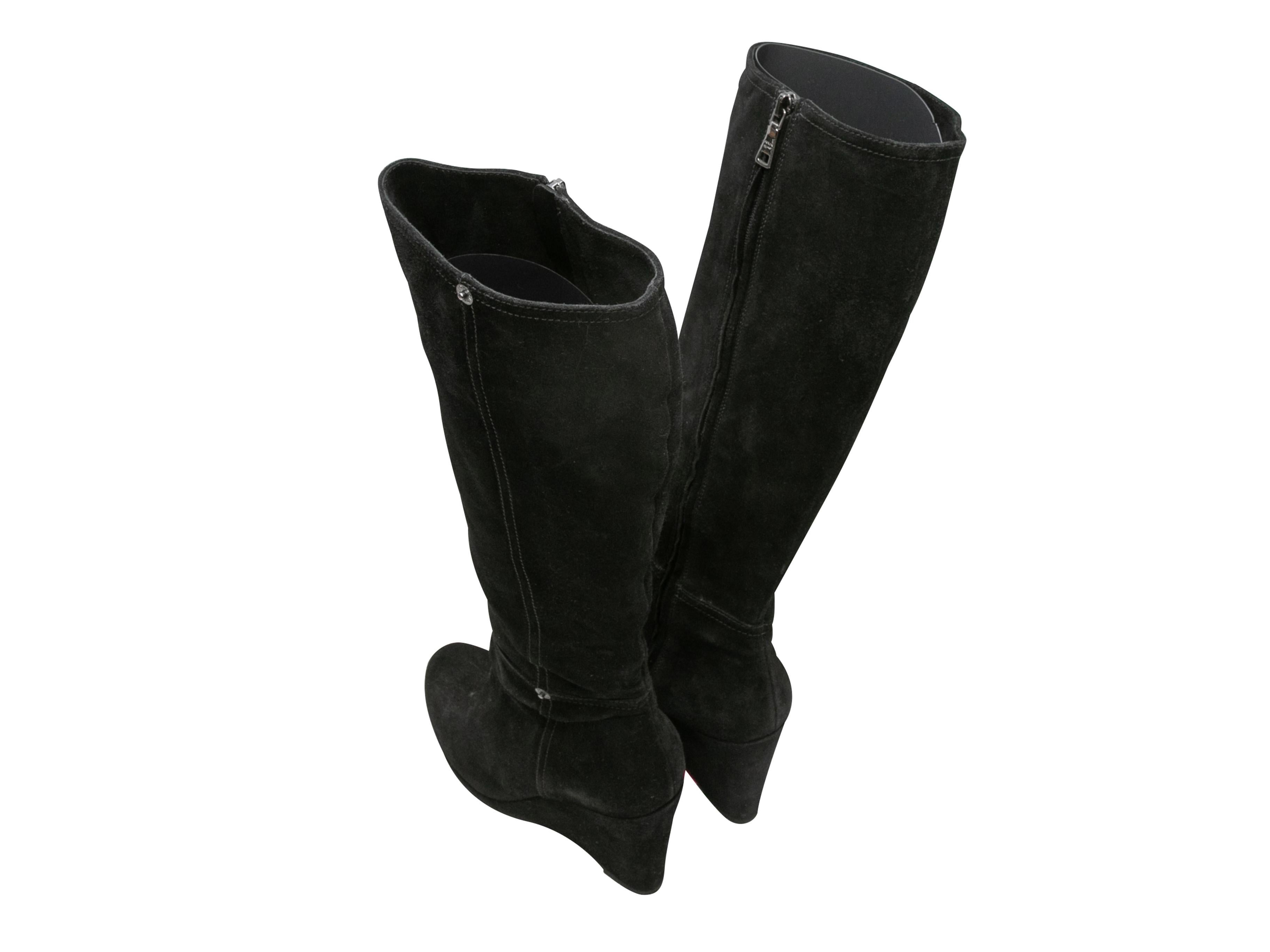 Black Prada Suede Knee-High Wedge Boots Size 39.5 In Good Condition For Sale In New York, NY