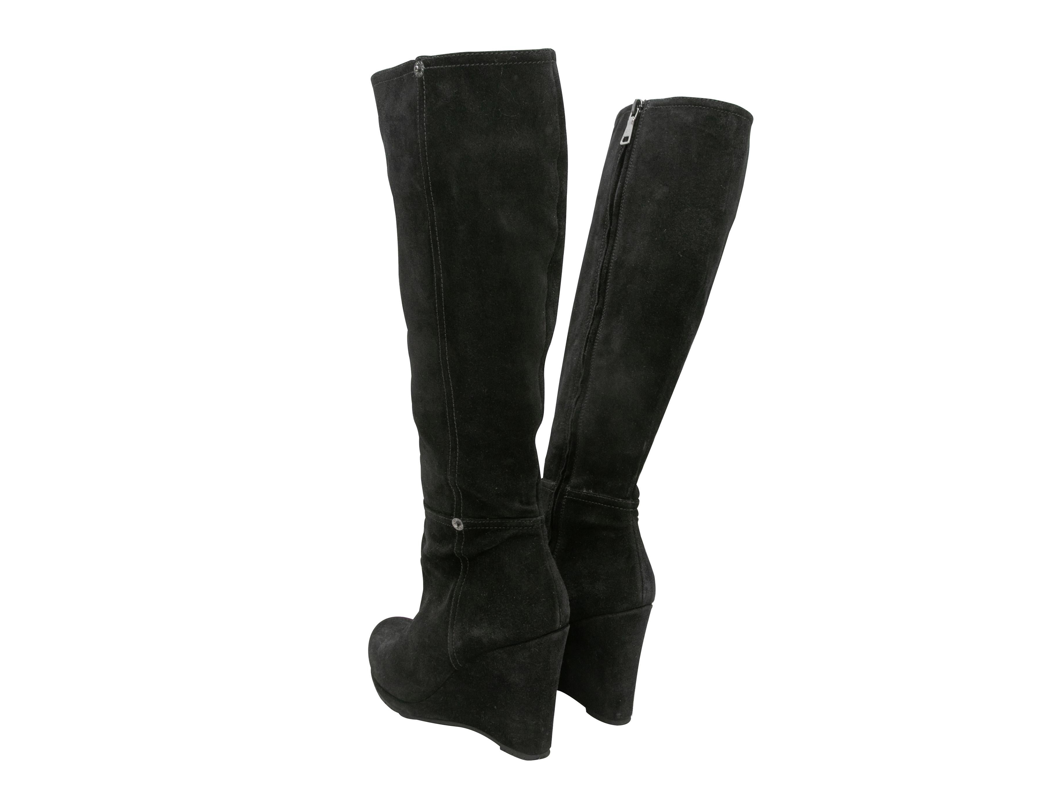 Women's Black Prada Suede Knee-High Wedge Boots Size 39.5 For Sale