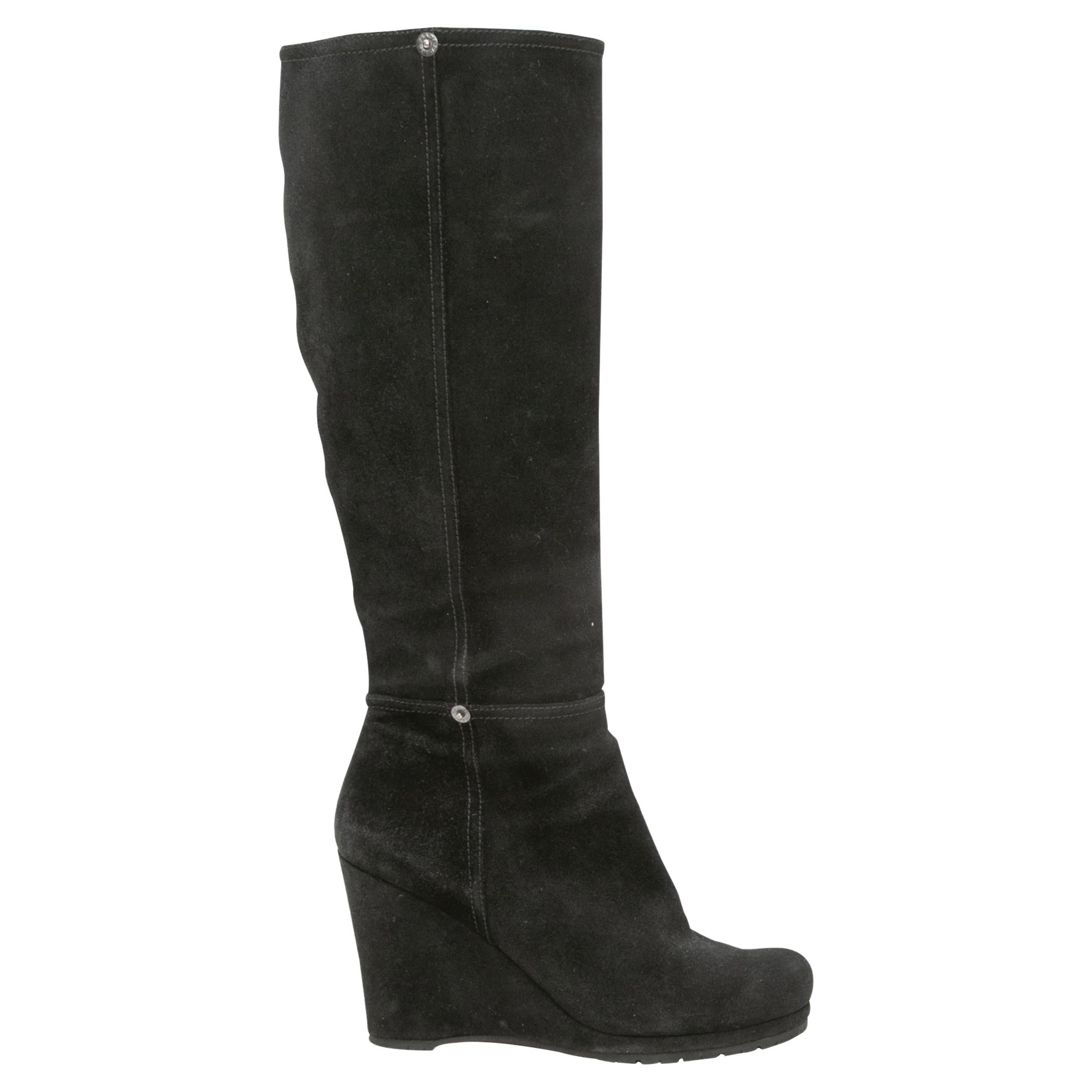 Black Prada Suede Knee-High Wedge Boots Size 39.5 For Sale
