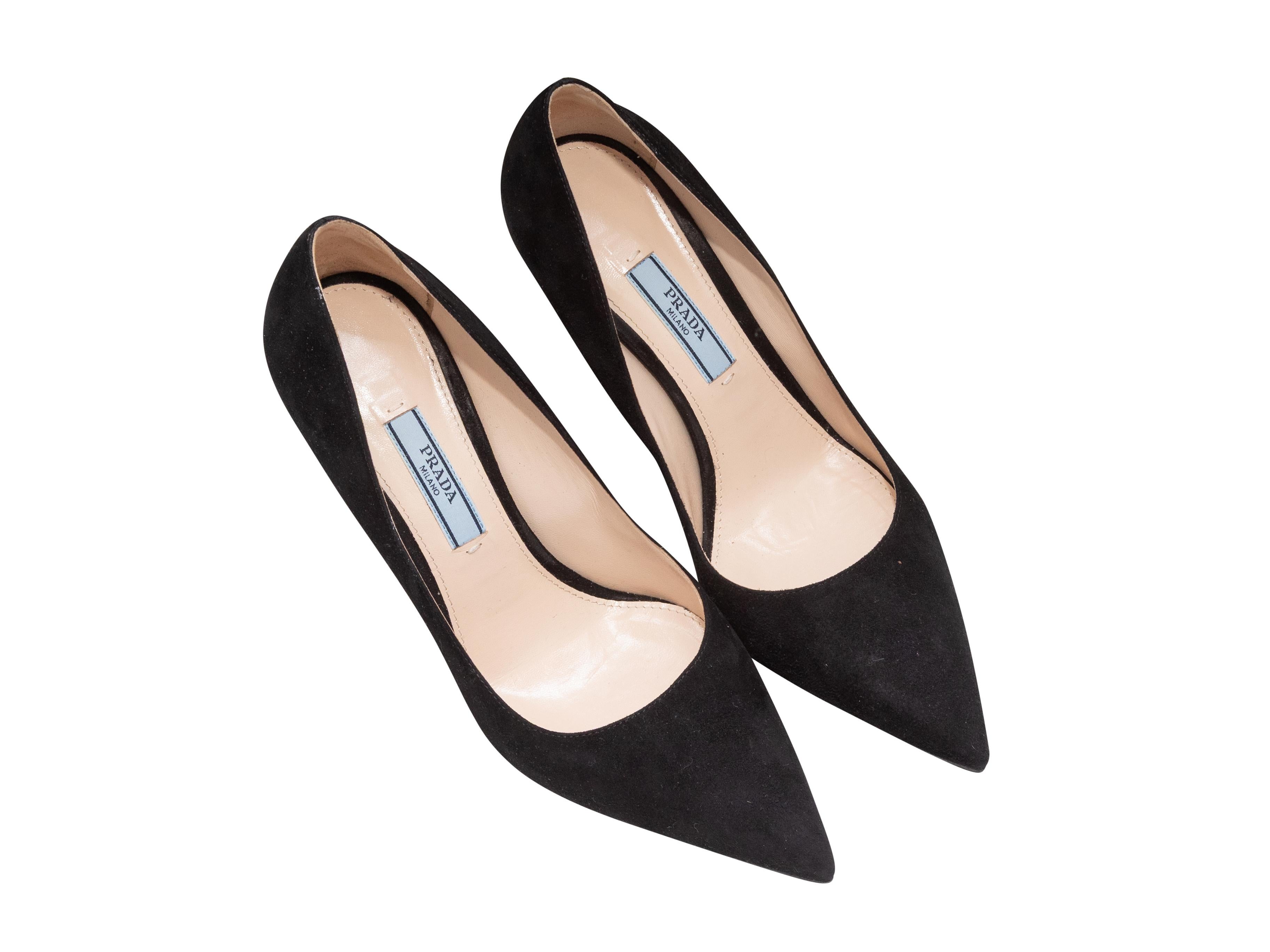 Black suede pointed-toe pumps by Prada. 3.25