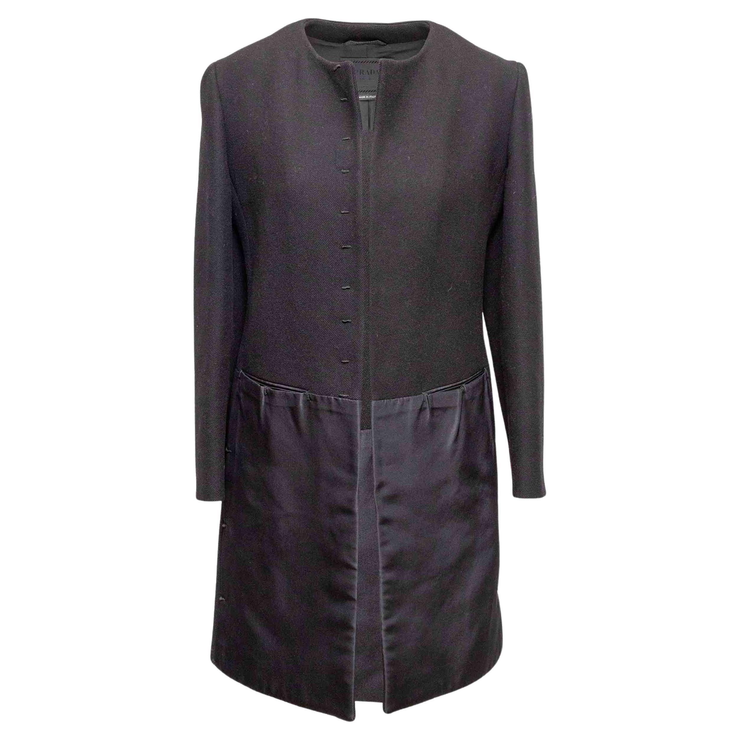 Black Prada Wool & Silk Collarless Coat Size IT 40