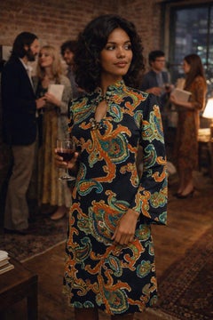 1970s Black Midi Dress with Psychedelic Paisley Print & Bell Sleeves