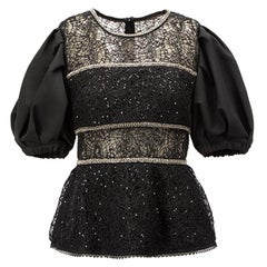 Black Puff-Sleeve Embellished Peplum Top Size M