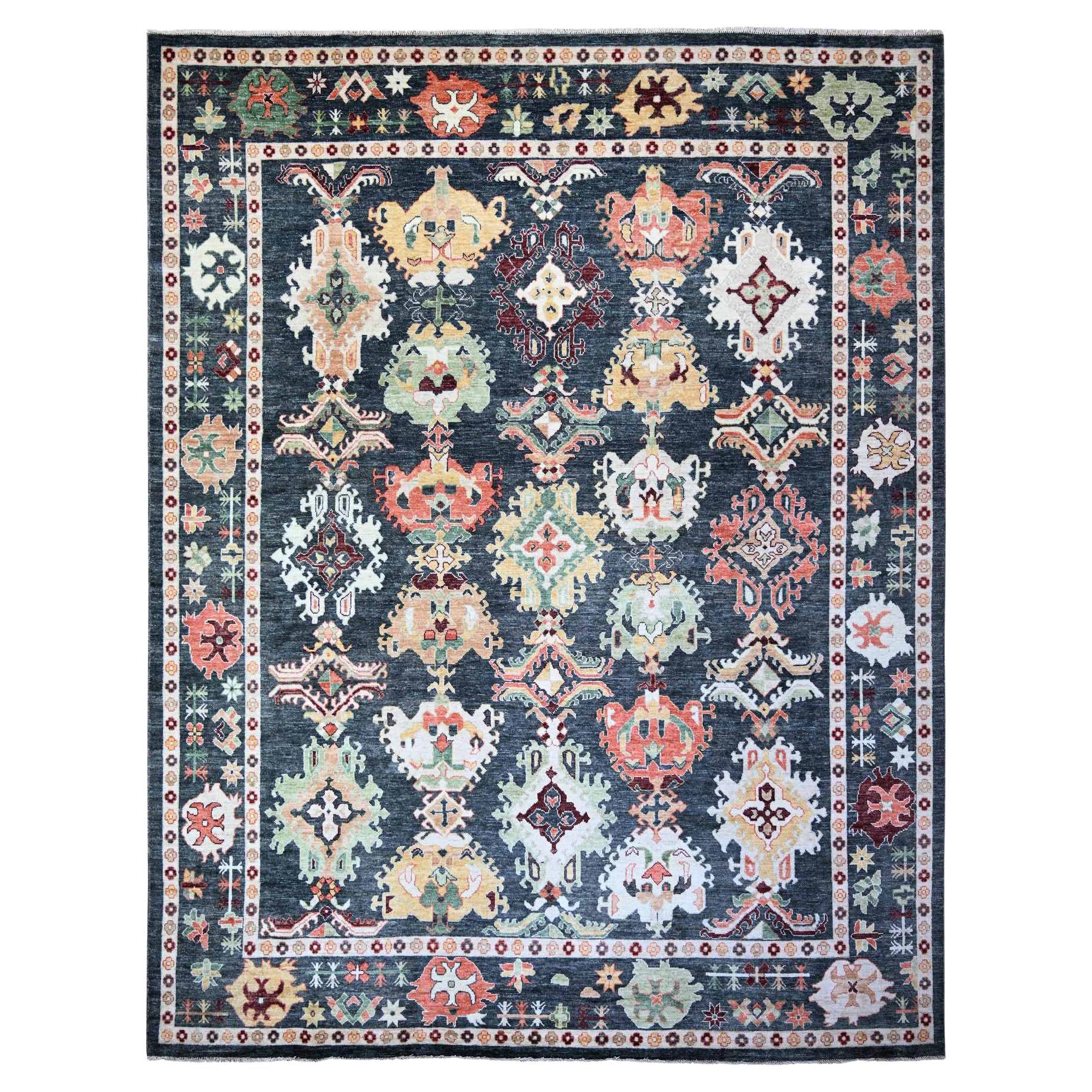 Alfombra negra de pura lana anudada a mano Angora afgana Oushak de gran tamaño 11'9" x 14'7 en venta