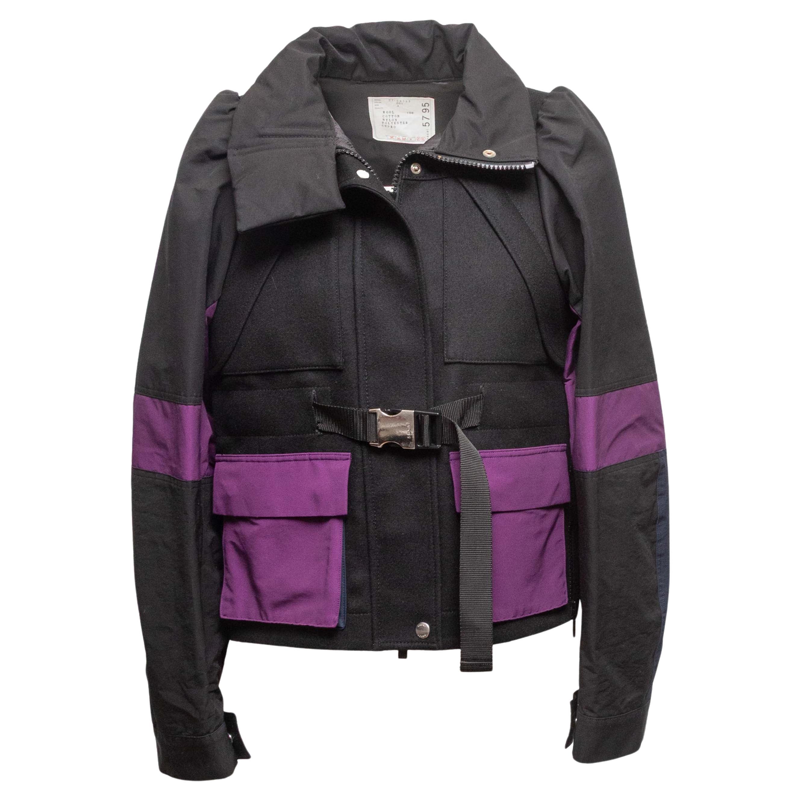 Black & Purple Sacai Color Block Wool Cargo Jacket Designer Size 3