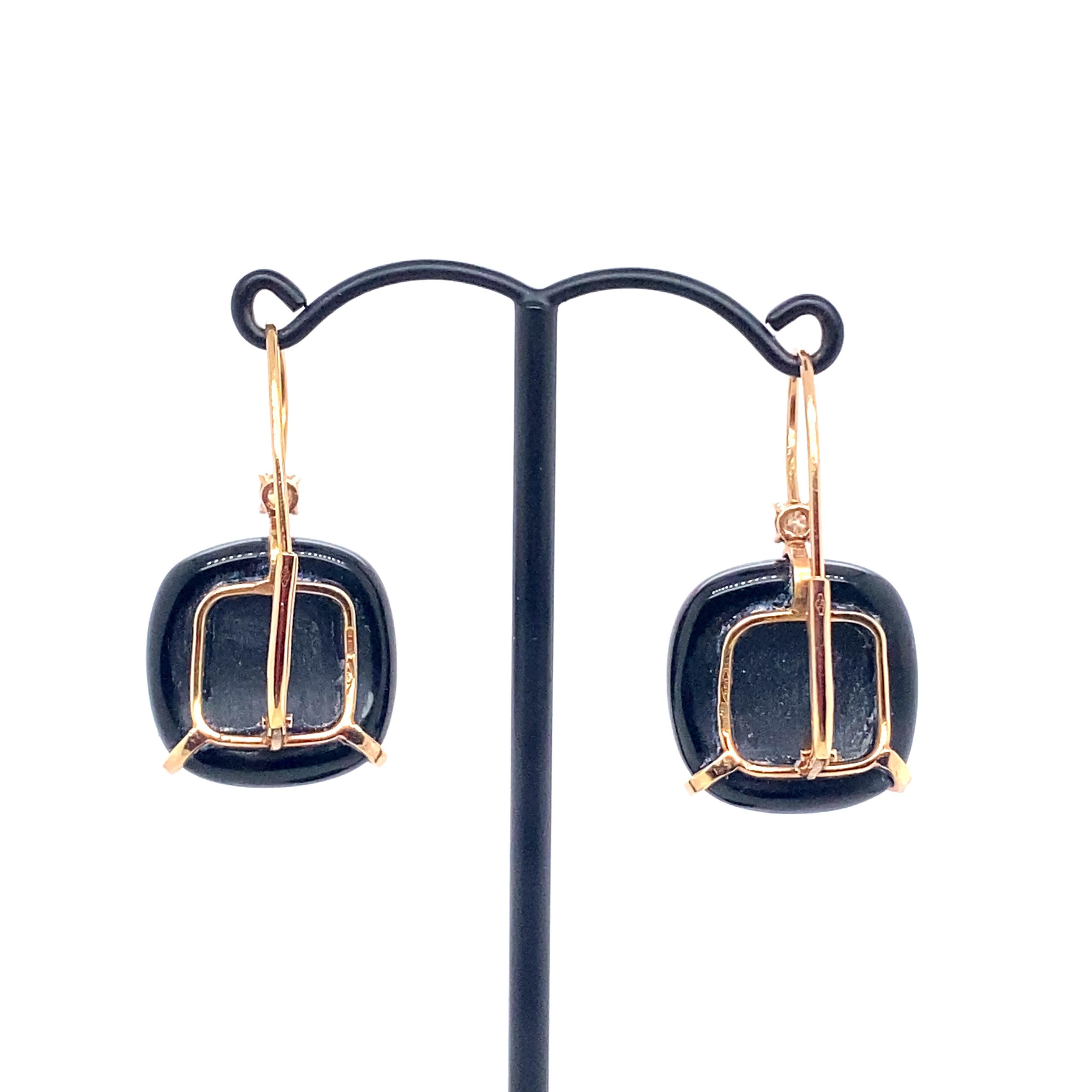 Black Quartz with Diamonds on Pink Gold 18 Karat Lever-Back Earrings For Sale 1