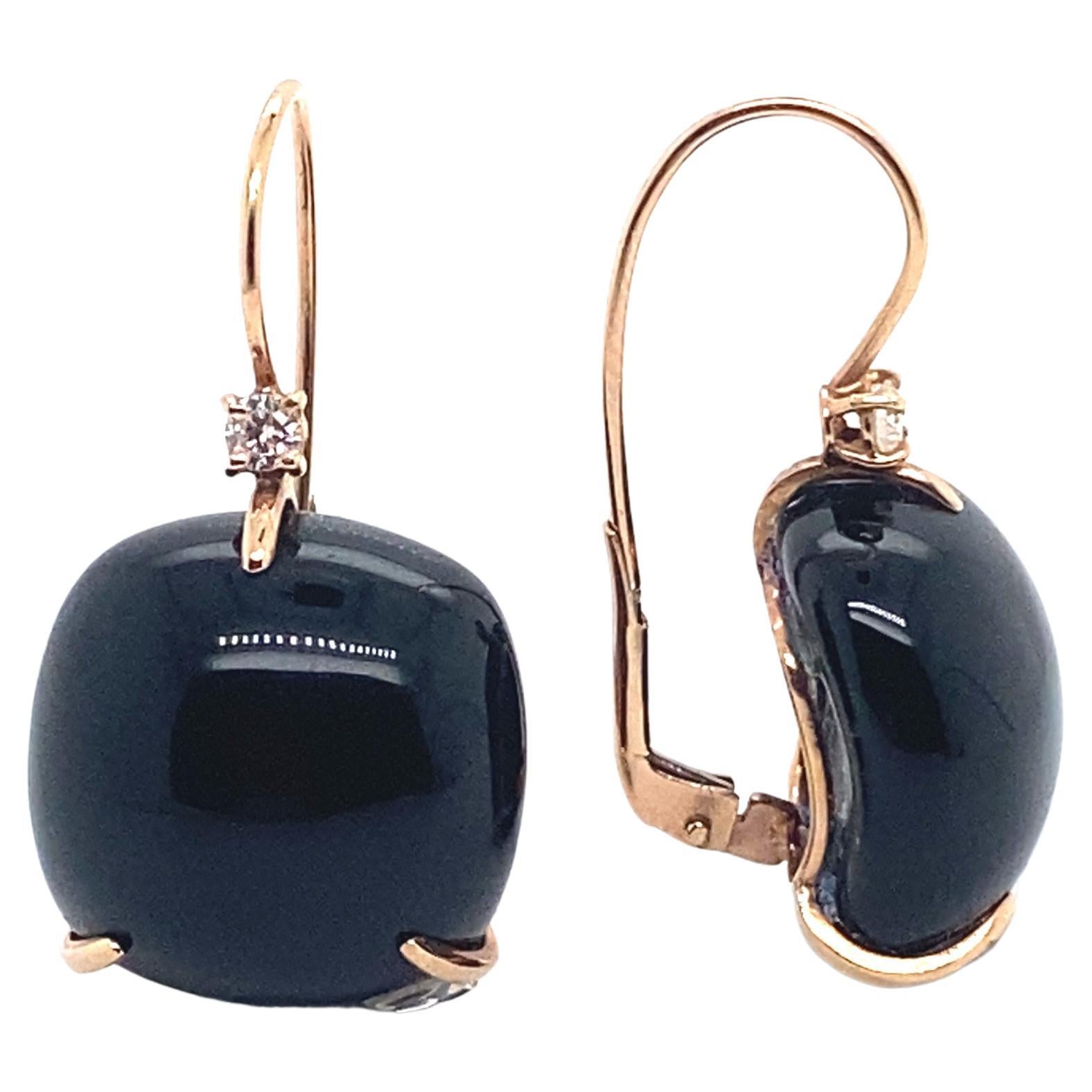Black Quartz with Diamonds on Pink Gold 18 Karat Lever-Back Earrings For Sale