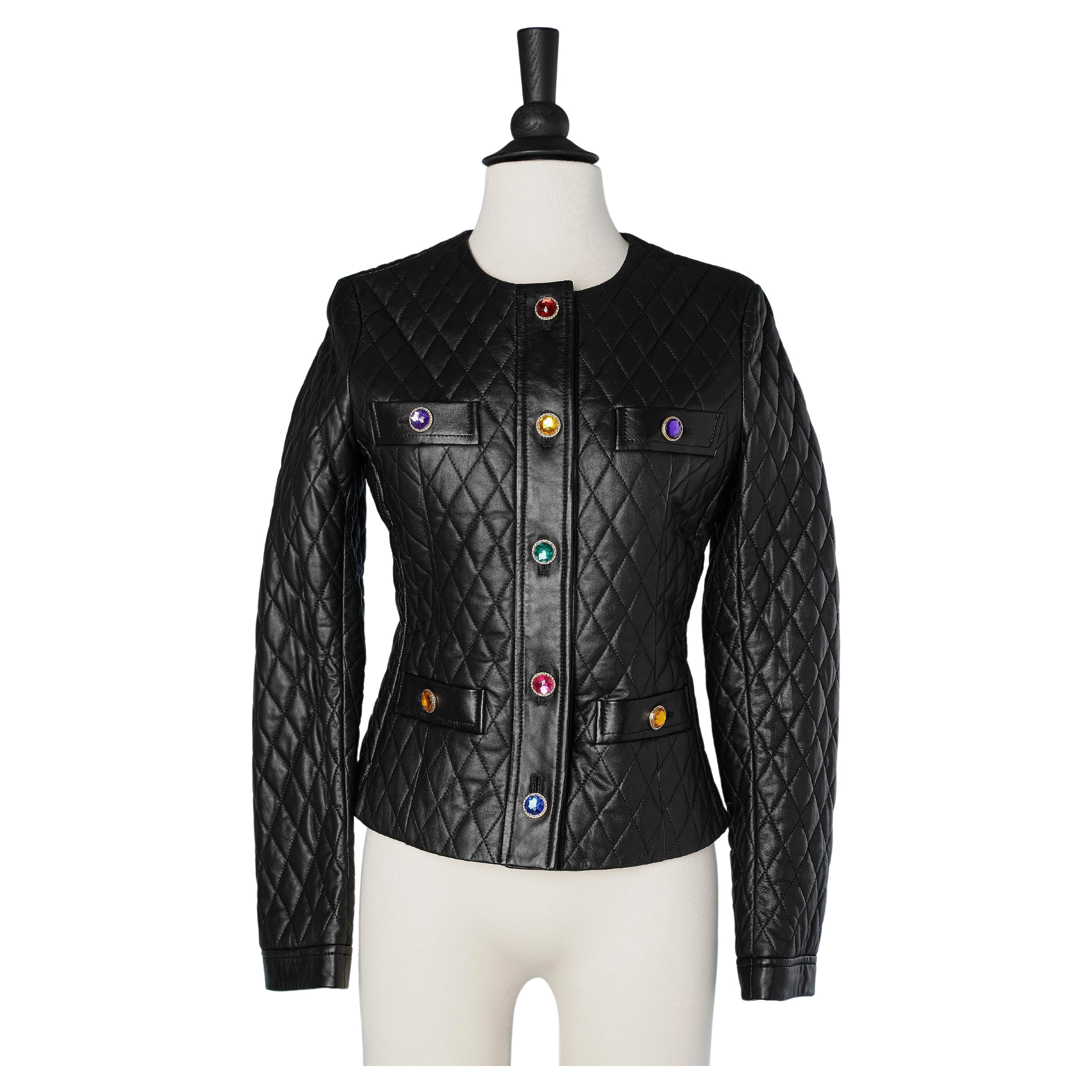 Black quilted and top-stitched leather jacket and jewels buttons Escada Sport  For Sale