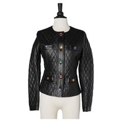 Black quilted and top-stitched leather jacket and jewels buttons Escada Sport 