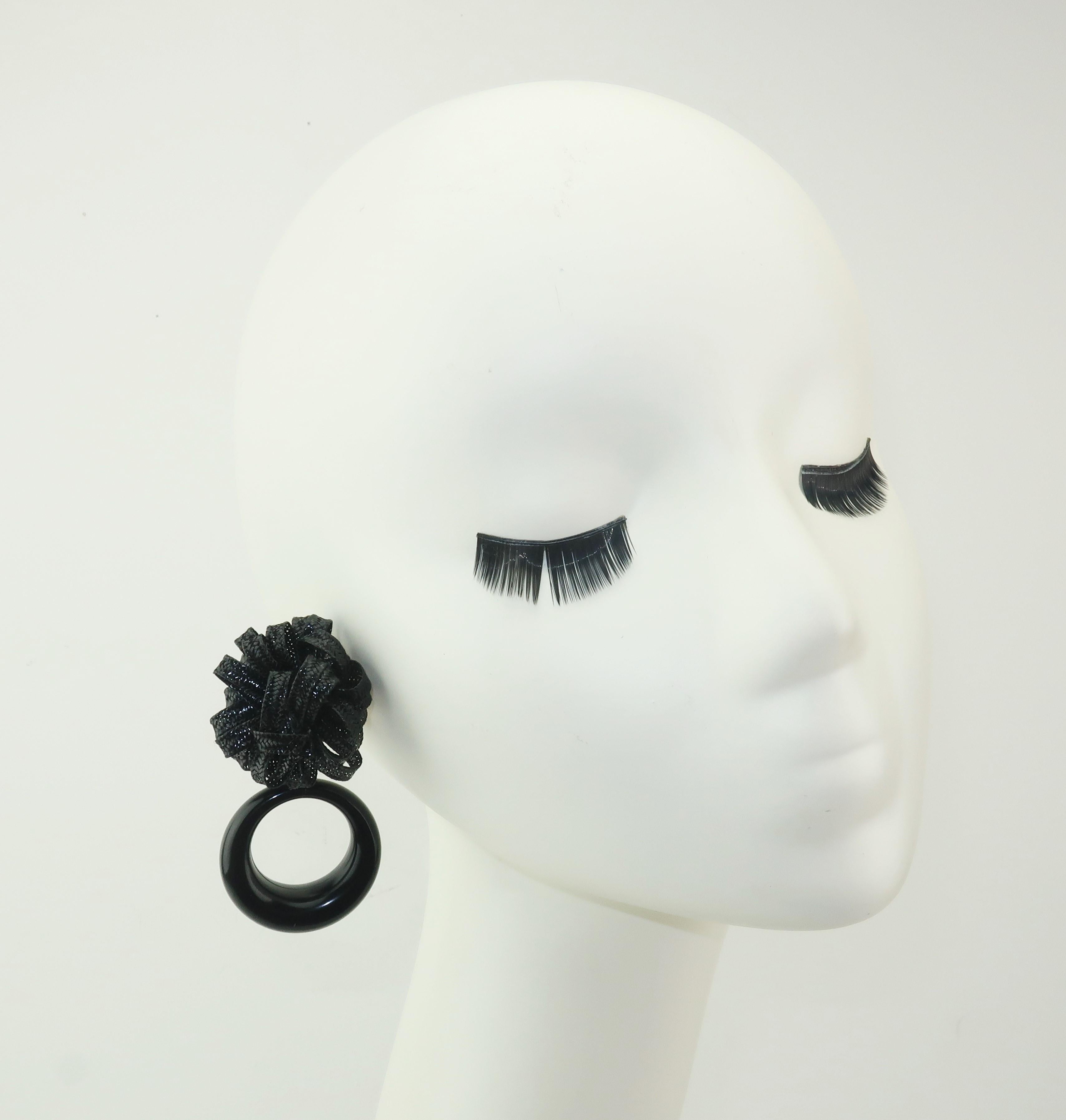 Black Raffia Hoop Clip On Earrings, 1980’s 2
