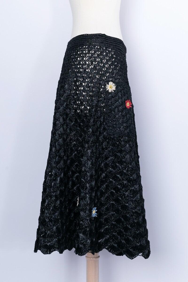 Women's Black Raffia Skirt Embroidered with Small Flowers For Sale