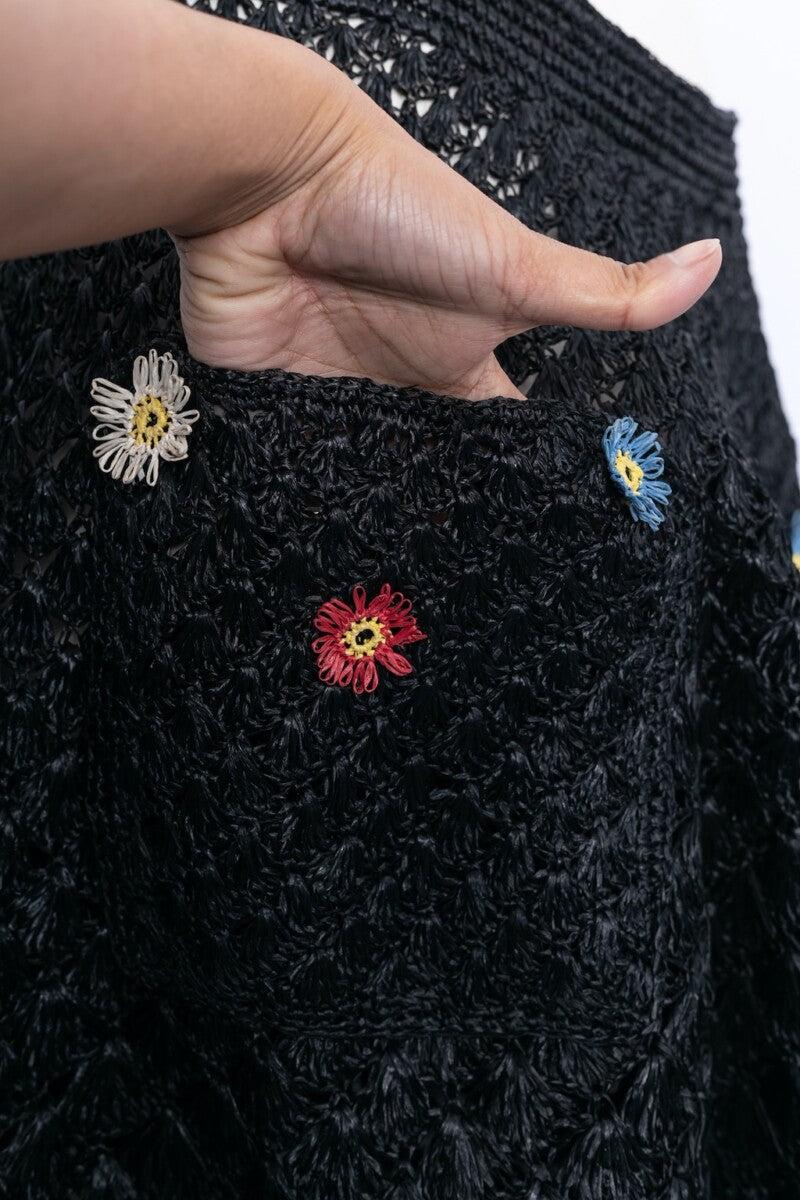 Black Raffia Skirt Embroidered with Small Flowers For Sale 4